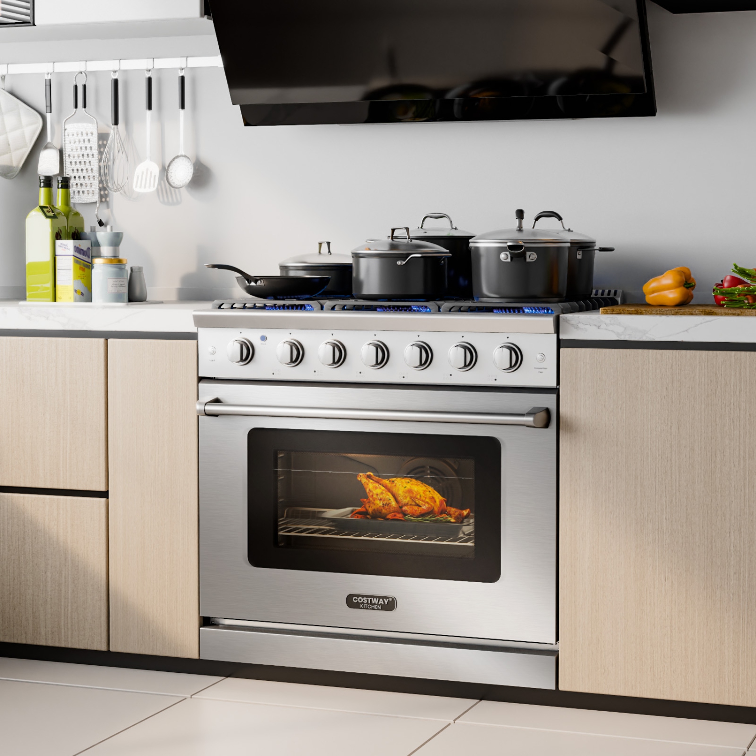 Cuisinière au gaz naturel autonome 36 po avec 6 brûleurs et 6 pi3 de Costway Four