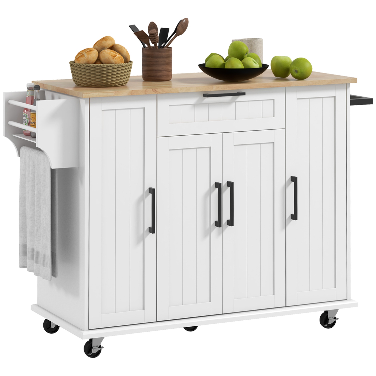 HOMCOM – îlot de cuisine avec rangement, chariot de cuisine roulant avec dessus en hévéa, tiroir, support à épices, porte-serviettes, armoire de