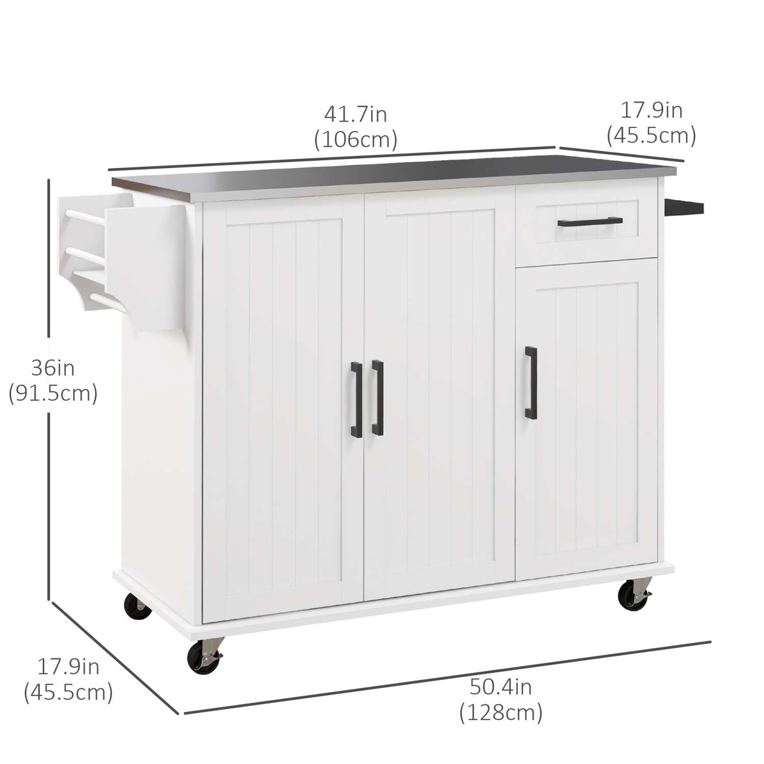 HOMCOM Kitchen Island with Storage, Rolling Kitchen Cart on Wheels, Kitchen Island with Storage, Drawer, 3 Cabinets, Stainless Steel Countertop,