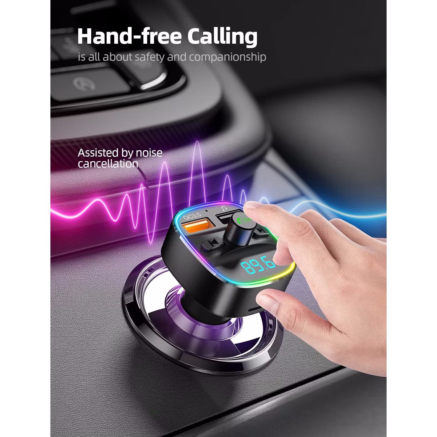 NIERBO Bluetooth FM Transmitter for Car, Upgraded QC3.0 & 5V/1A Dual USB Charger Bluetooth Car Adapter Wireless Radio, 7-Color LED Backlit Light,