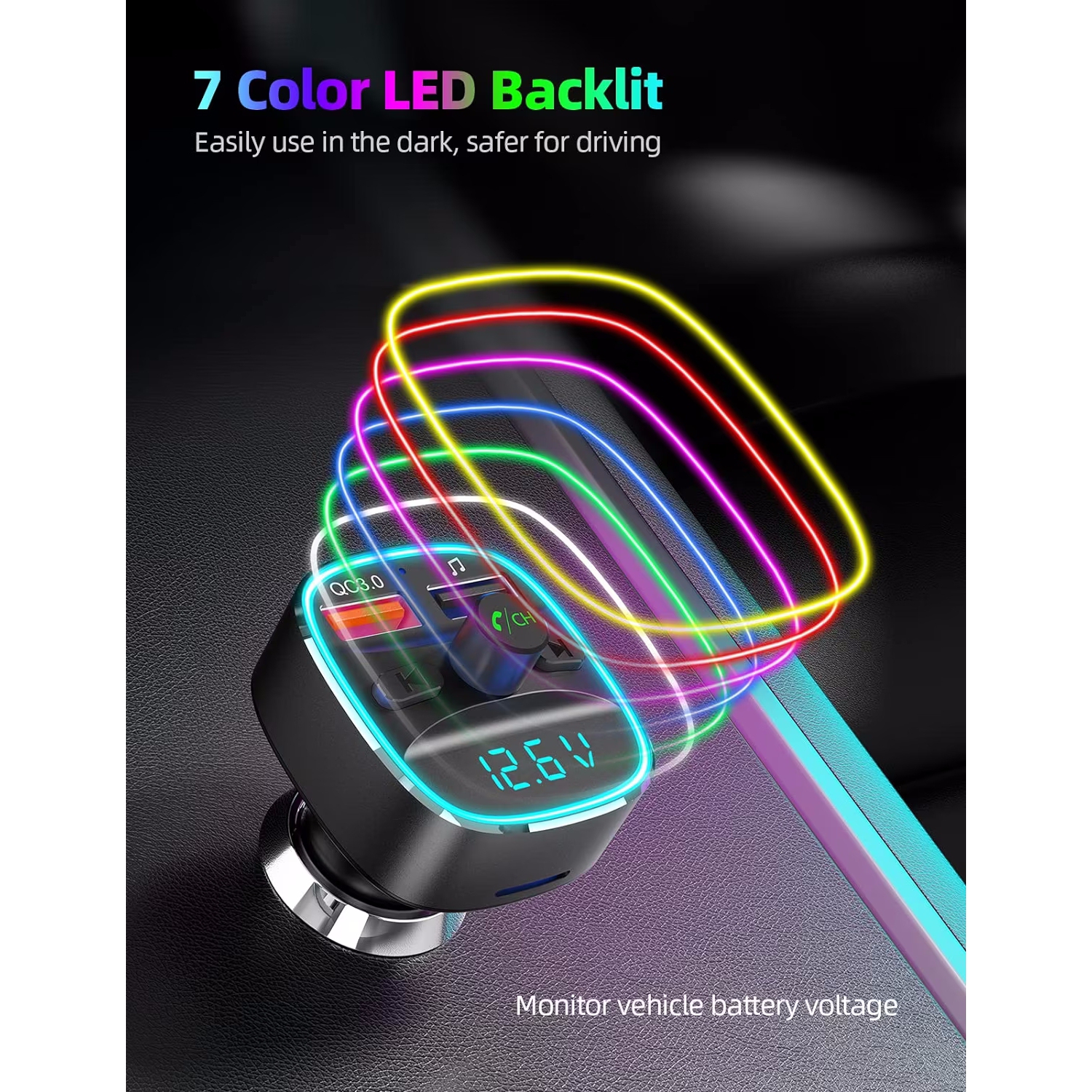 NIERBO Bluetooth FM Transmitter for Car, Upgraded QC3.0 & 5V/1A Dual USB Charger Bluetooth Car Adapter Wireless Radio, 7-Color LED Backlit Light,