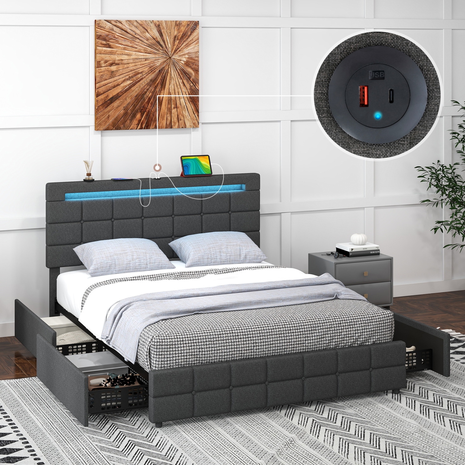 Lit plateforme recouvert DEL de Costway avec 4 tiroirs de rangement et ports USB - lit double - Gris