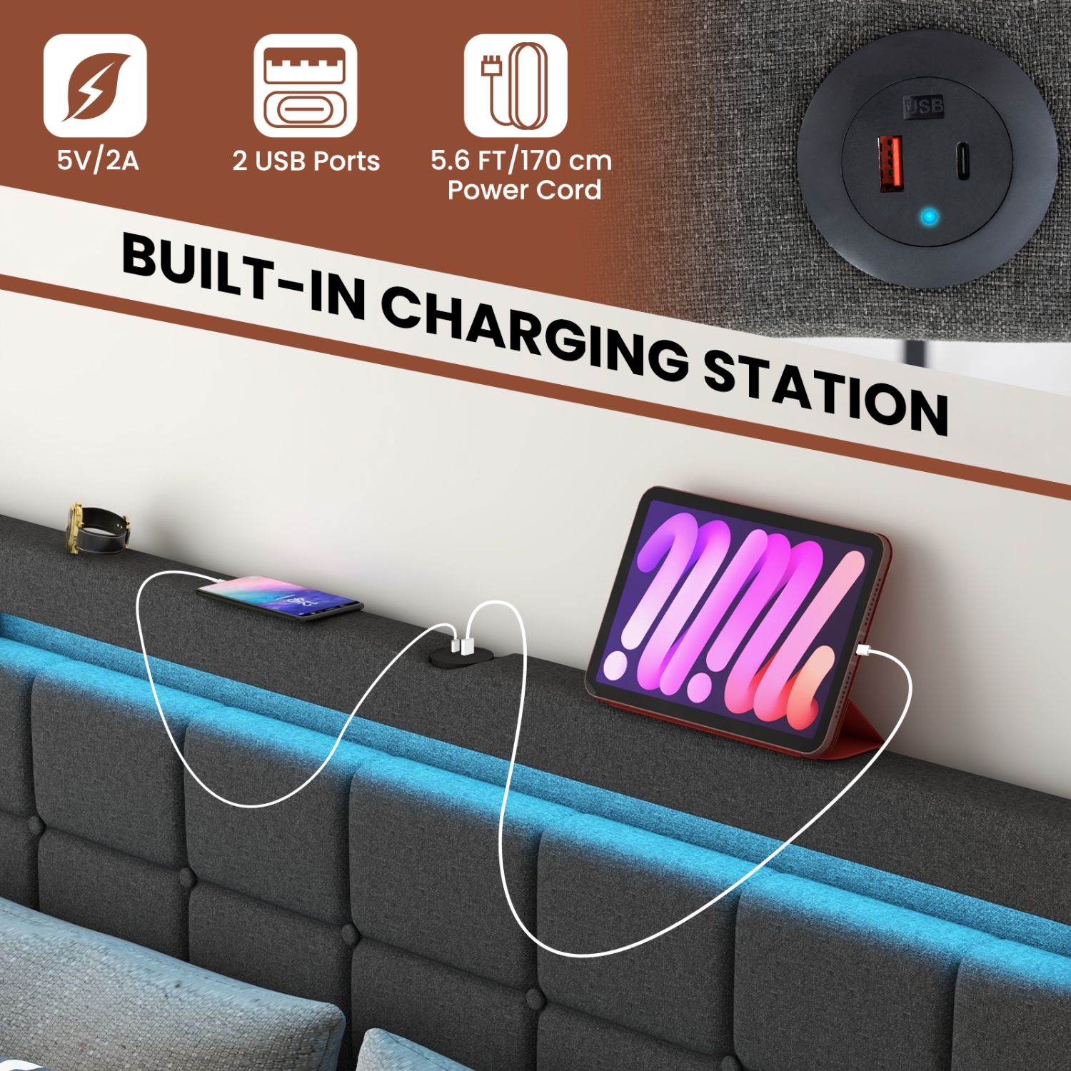 Lit plateforme recouvert DEL de Costway avec 4 tiroirs de rangement et ports USB - lit double - Gris