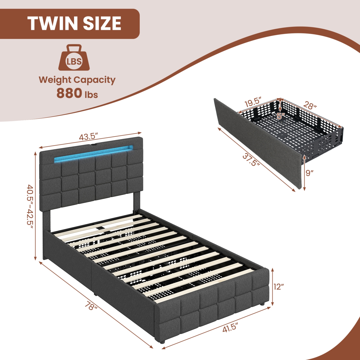 Costway LED Upholstered Platform Bed w/4 Storage Drawers & USB Ports - Twin - Grey
