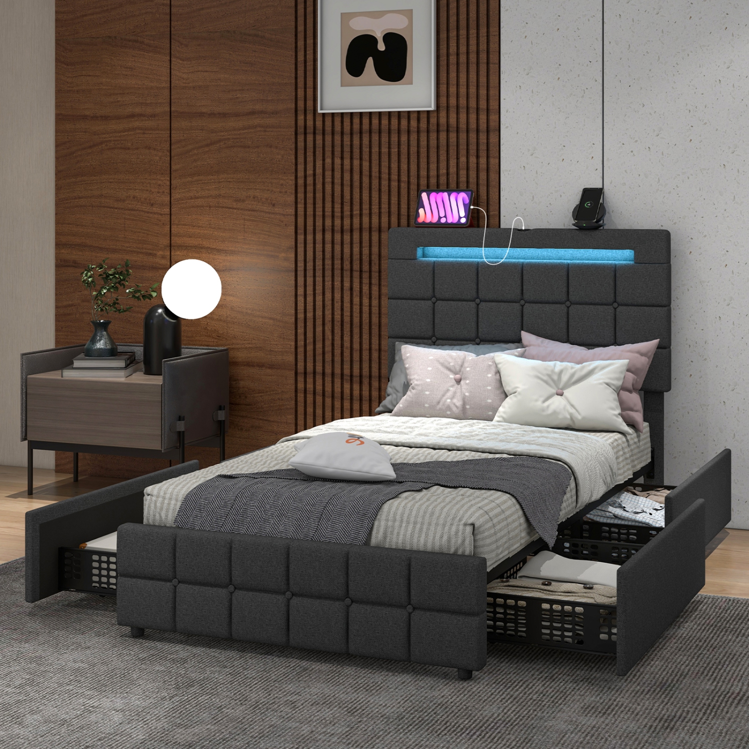 Costway LED Upholstered Platform Bed w/4 Storage Drawers & USB Ports - Twin - Grey