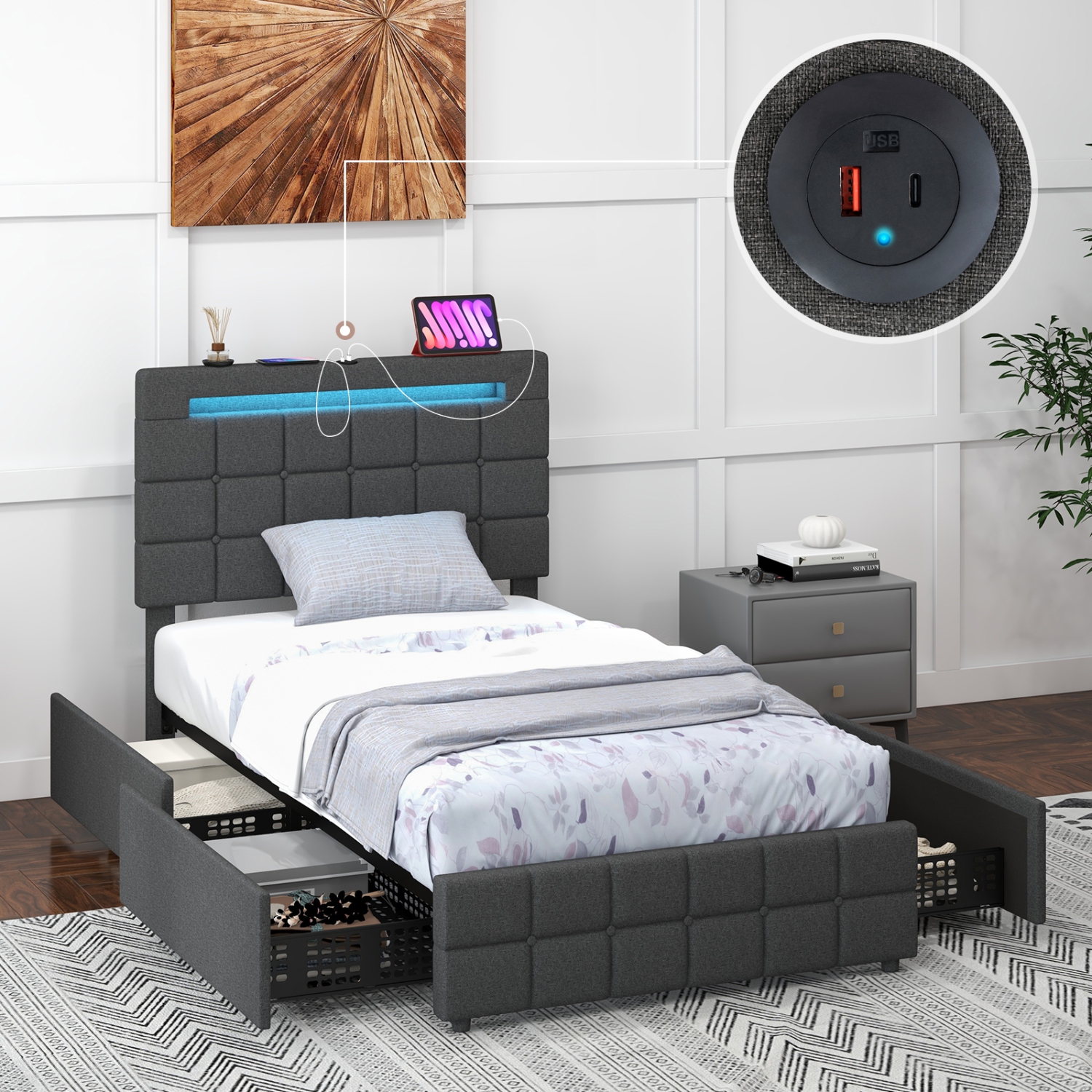 Costway LED Upholstered Platform Bed w/4 Storage Drawers & USB Ports - Twin - Grey