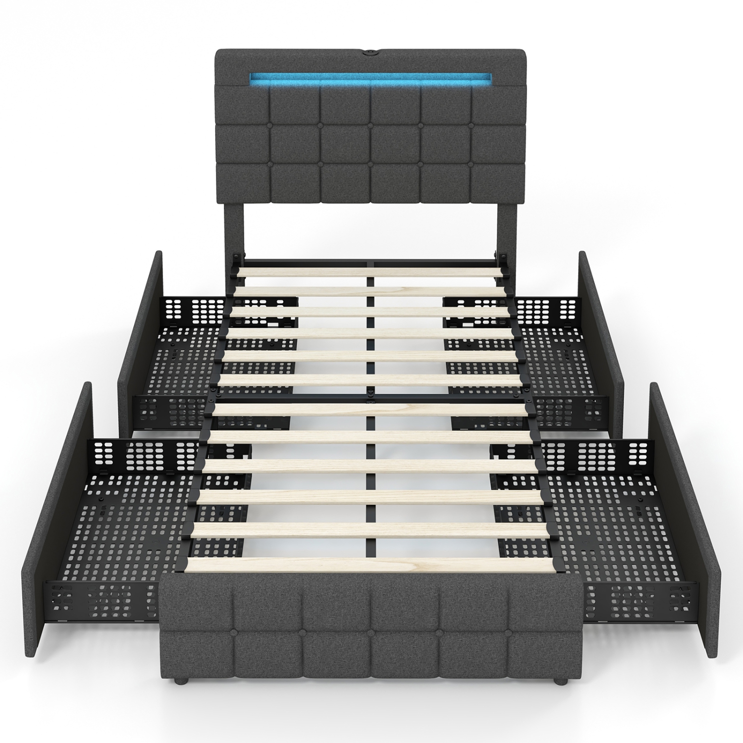 Costway LED Upholstered Platform Bed w/4 Storage Drawers & USB Ports - Twin - Grey