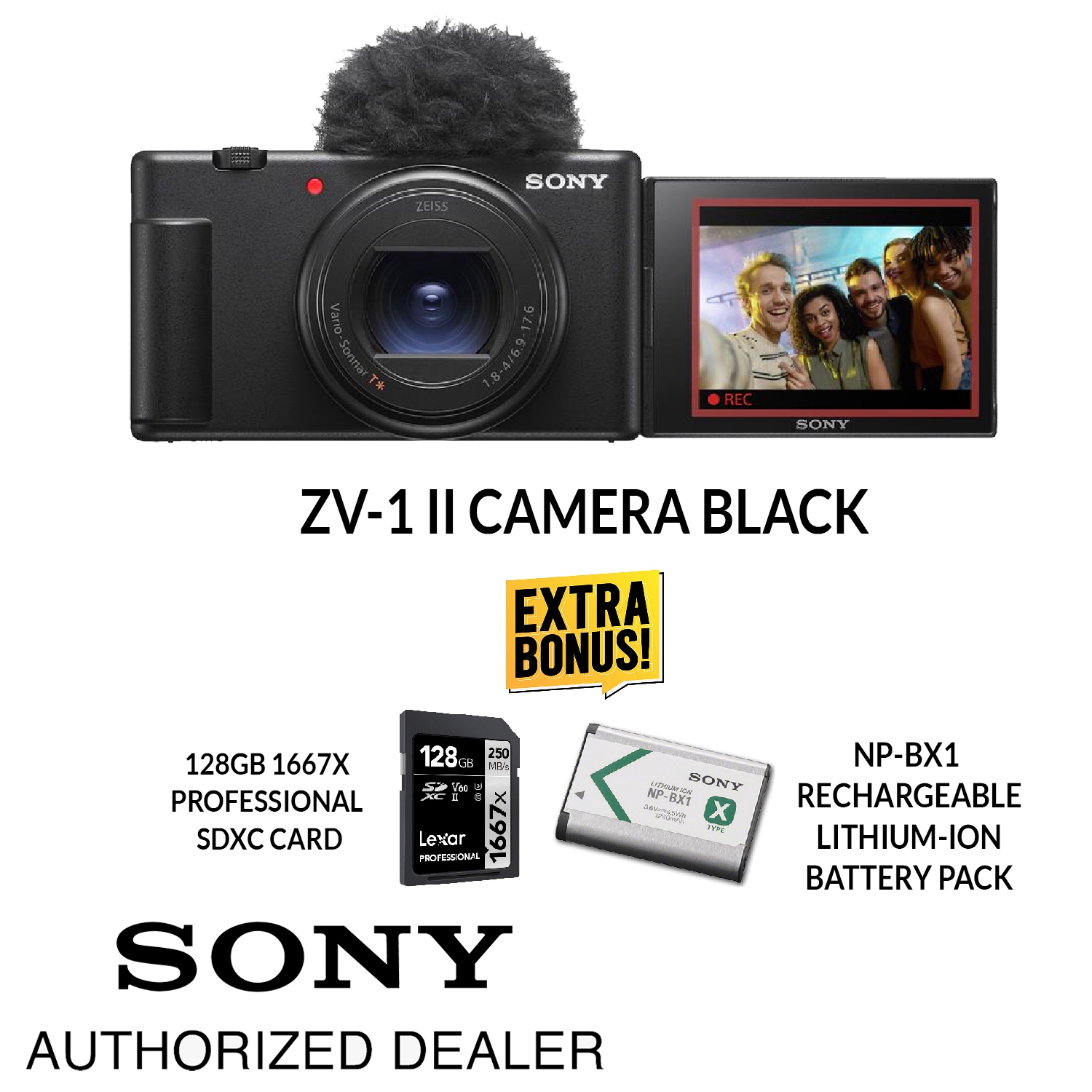 Sony ZV-1 II Camera Black with NP-BX1 Rechargeable Lithium-Ion Battery & 128GB 1667X SDXC Card