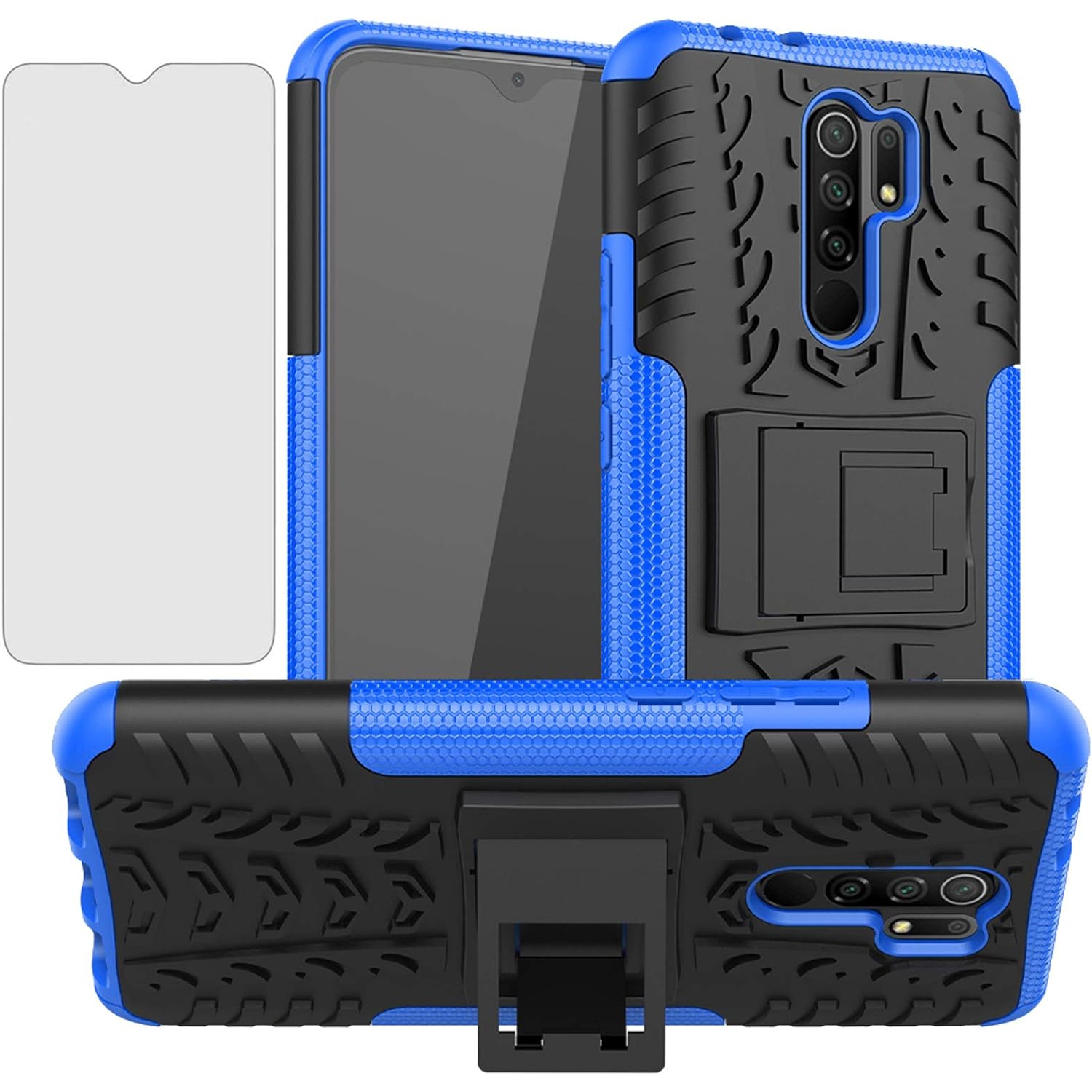 Phone Case for Xiaomi Redmi 9 with Tempered Glass Screen Protector Cover and Stand Kickstand Hard Rugged Hybrid
