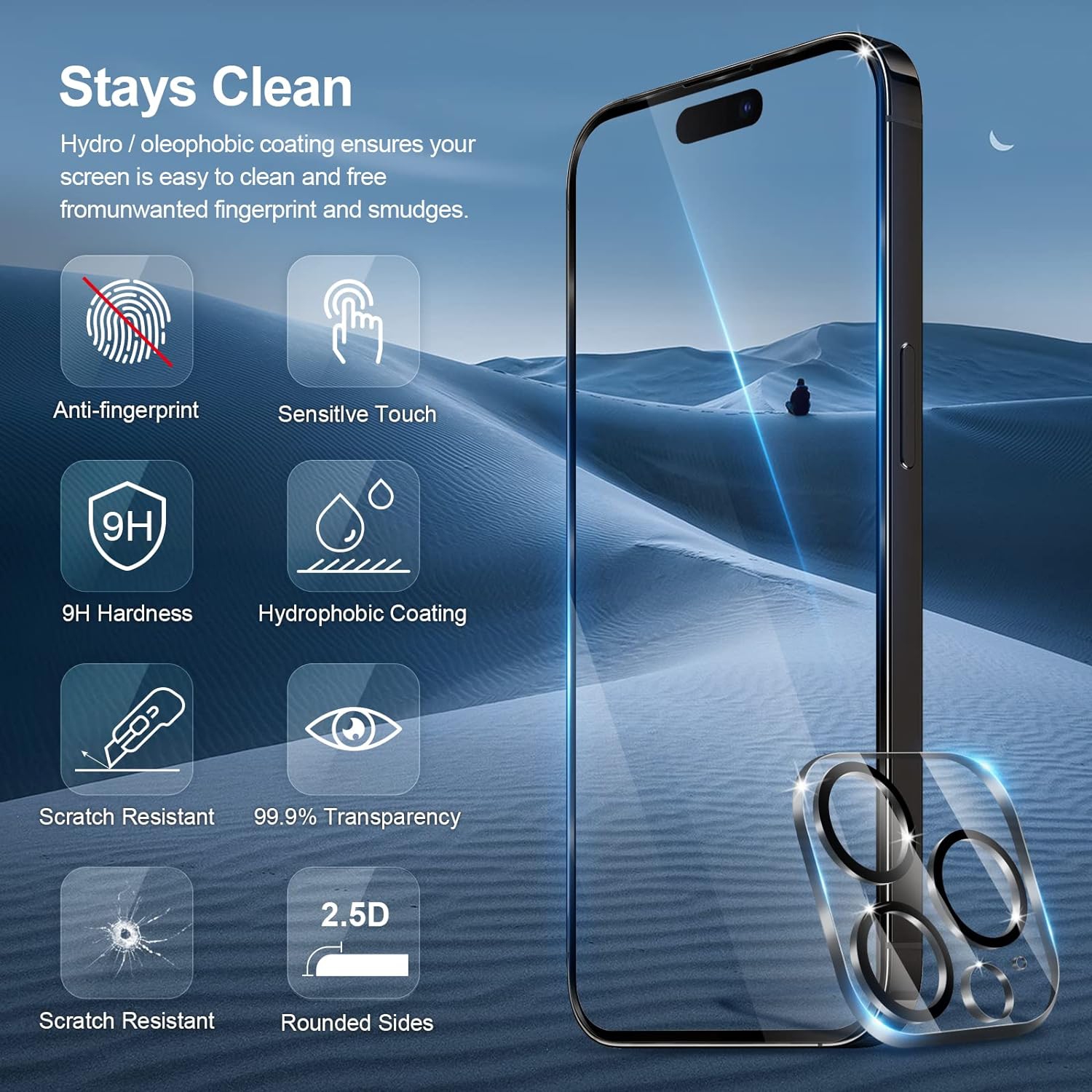 [Paquet de 2 + 3] Protecteur d'écran pour iPhone 14 Pro avec paquet de 3 pellicules protectrices en verre trempé et paquet de 2