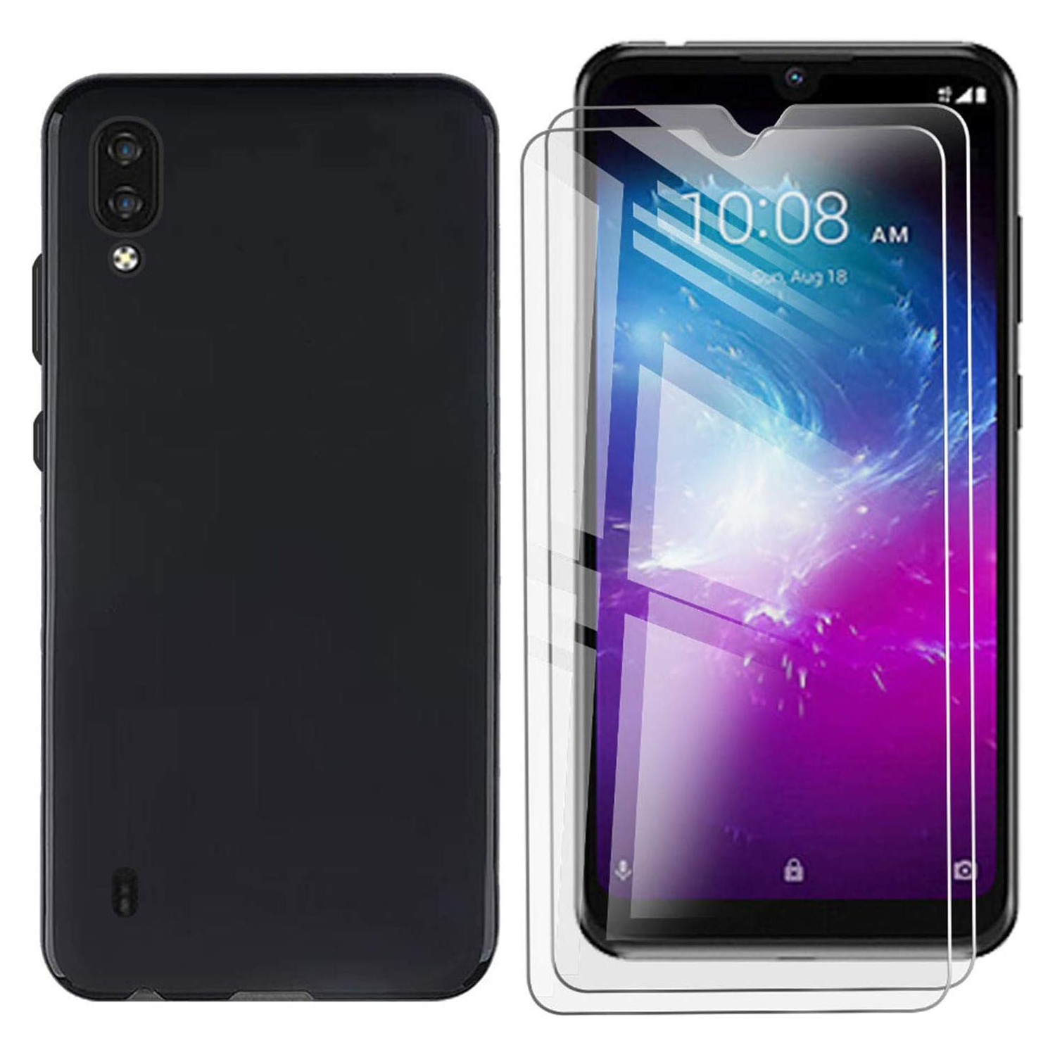 Phone Case Black + 2 Pieces Tempered Glass Film for ZTE Blade A5 2020 (6.09"), HD Screen Protector + Cover TPU