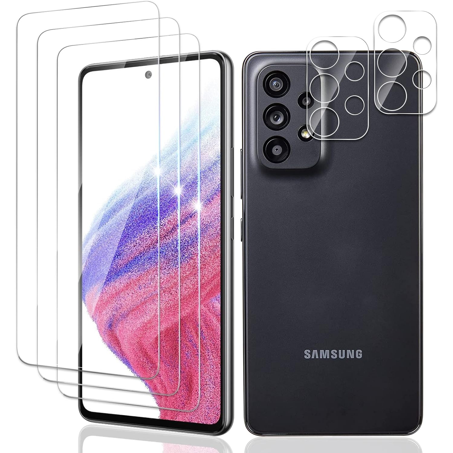 [3+2 Pack] 3Pack Clear Tempered Glass Screen Protector for Sansung Galaxy A53 +2Pack Camera Lens Protector, HD Tempered