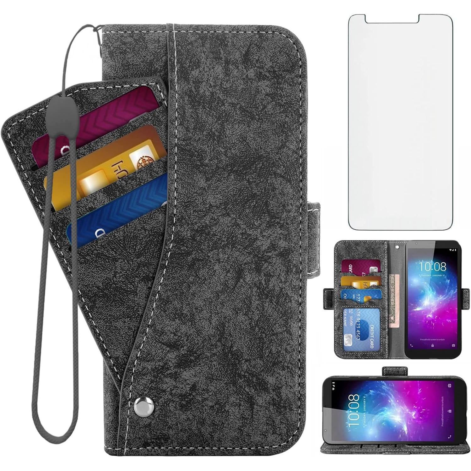Compatible with ZTE Quest 5 Z3351S Wallet Case Tempered Glass Screen Protector Card Holder Stand Kickstand