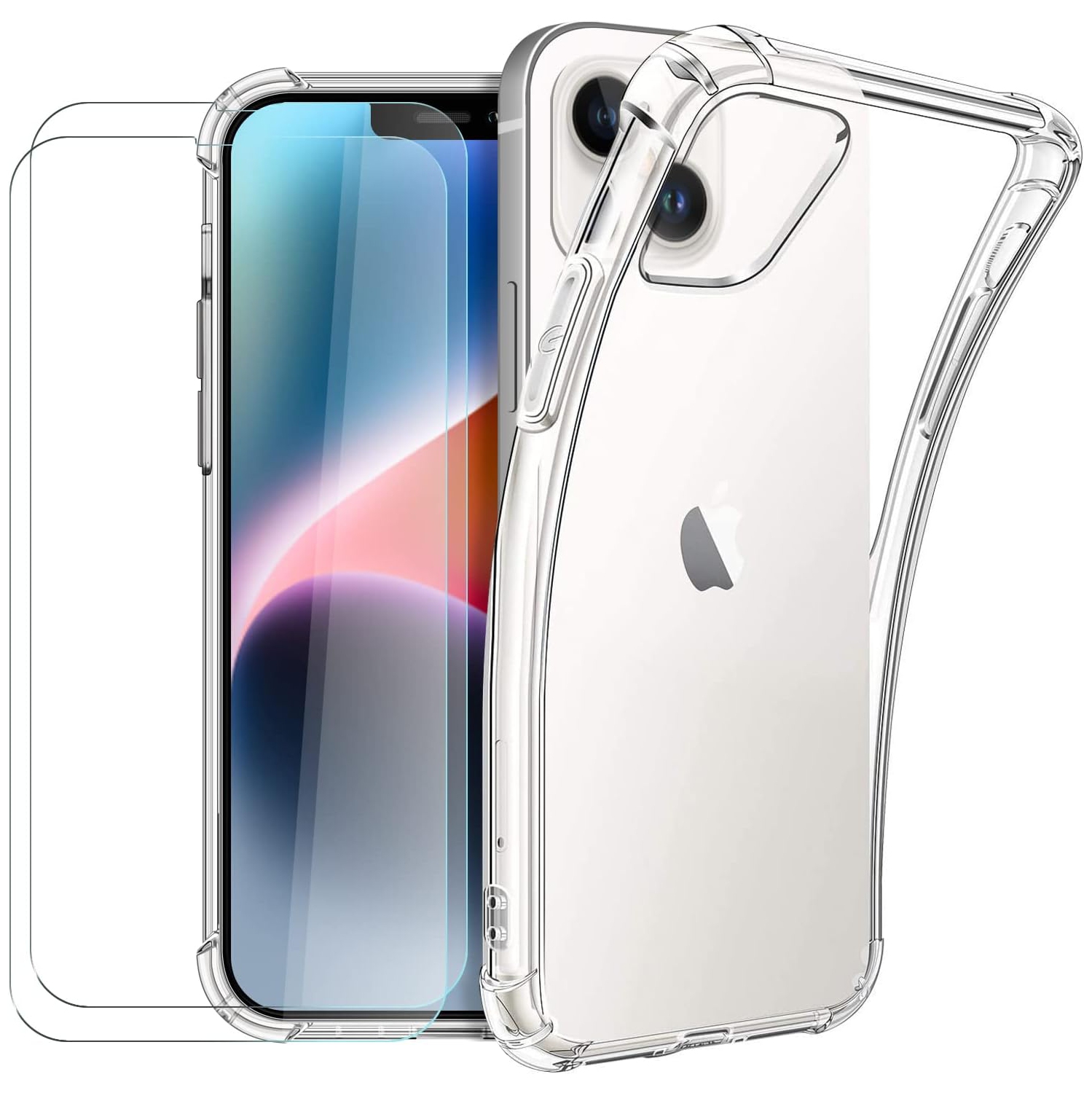 Funda para iPhone 14 Plus Case with 2 Pack Glass Screen Protector Full Clear Skin Soft Anti-Fall Transparent TPU Cover