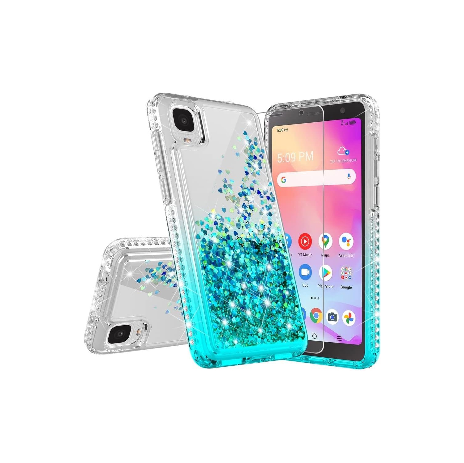 Liquid Glitter Phone Case for Alcatel TCL A3 A509DL / TCL A30 Case w[Tempered Glass Screen Protector]