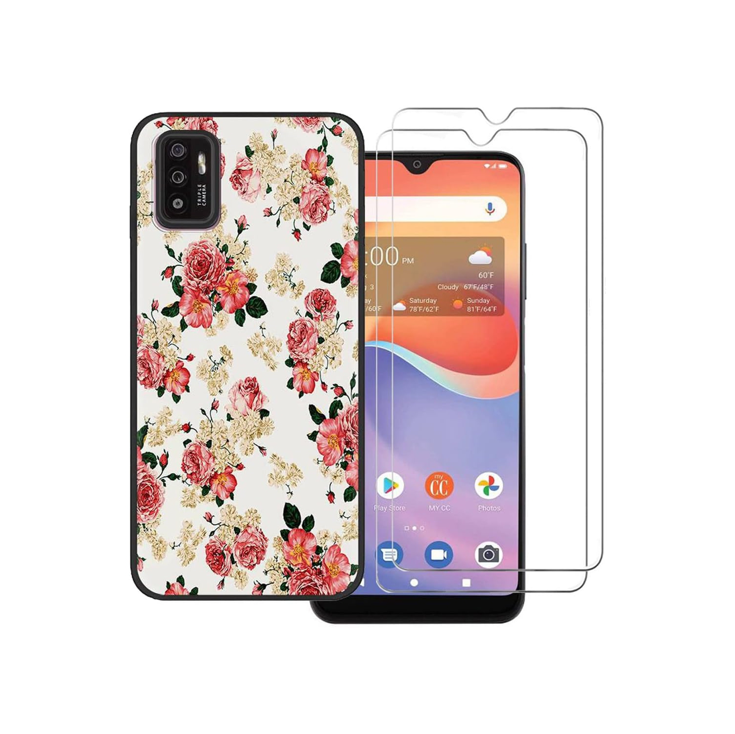 [2 Pack] for Consumer Cellular ZMax 11 Tempered Glass Screen Protector, ZTE ZMax 11 Case, New Flower Painting