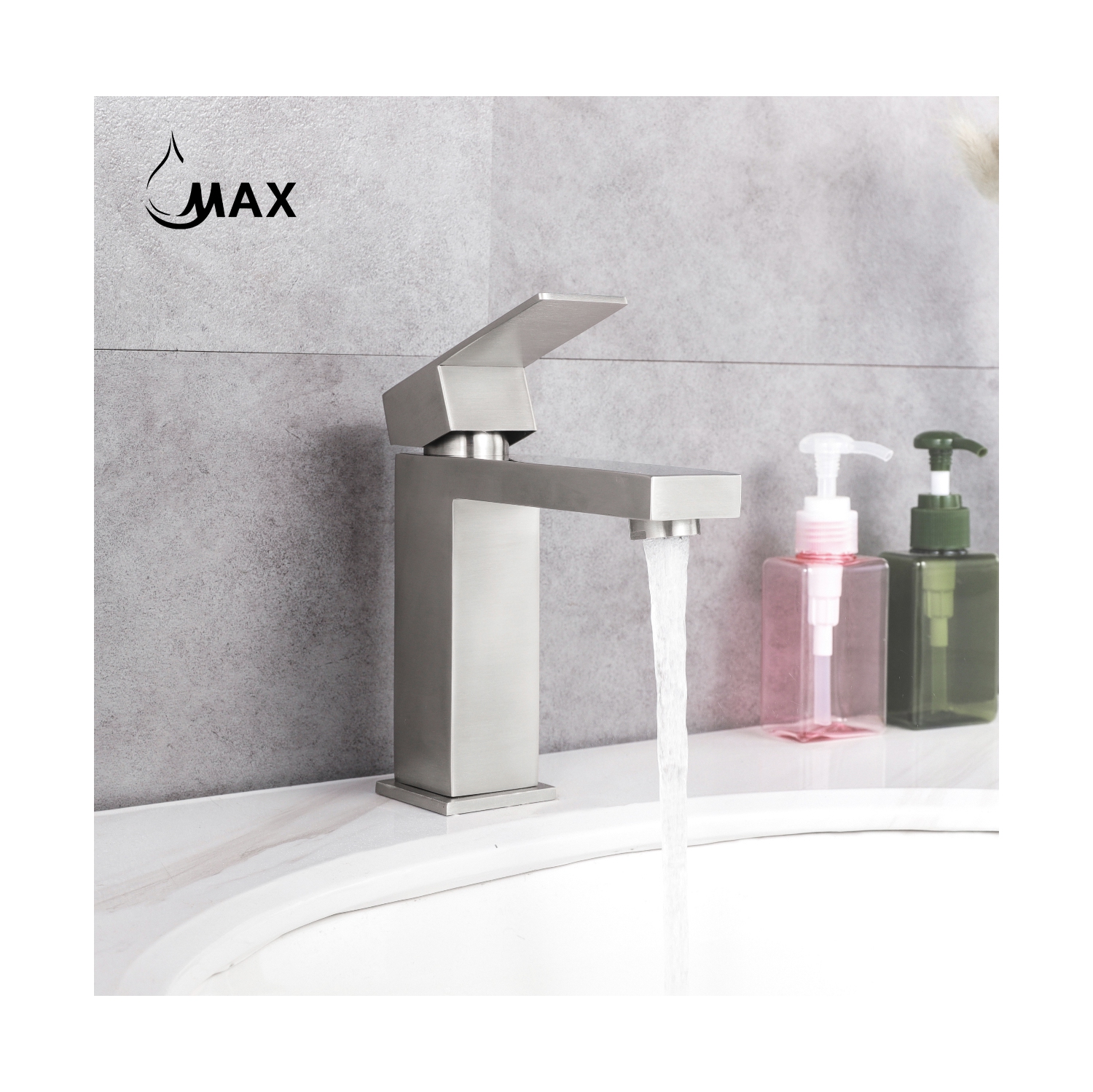 MAX Faucets Single Handle Bathroom Faucet Elegance Square Design Brushed Nickel Finish