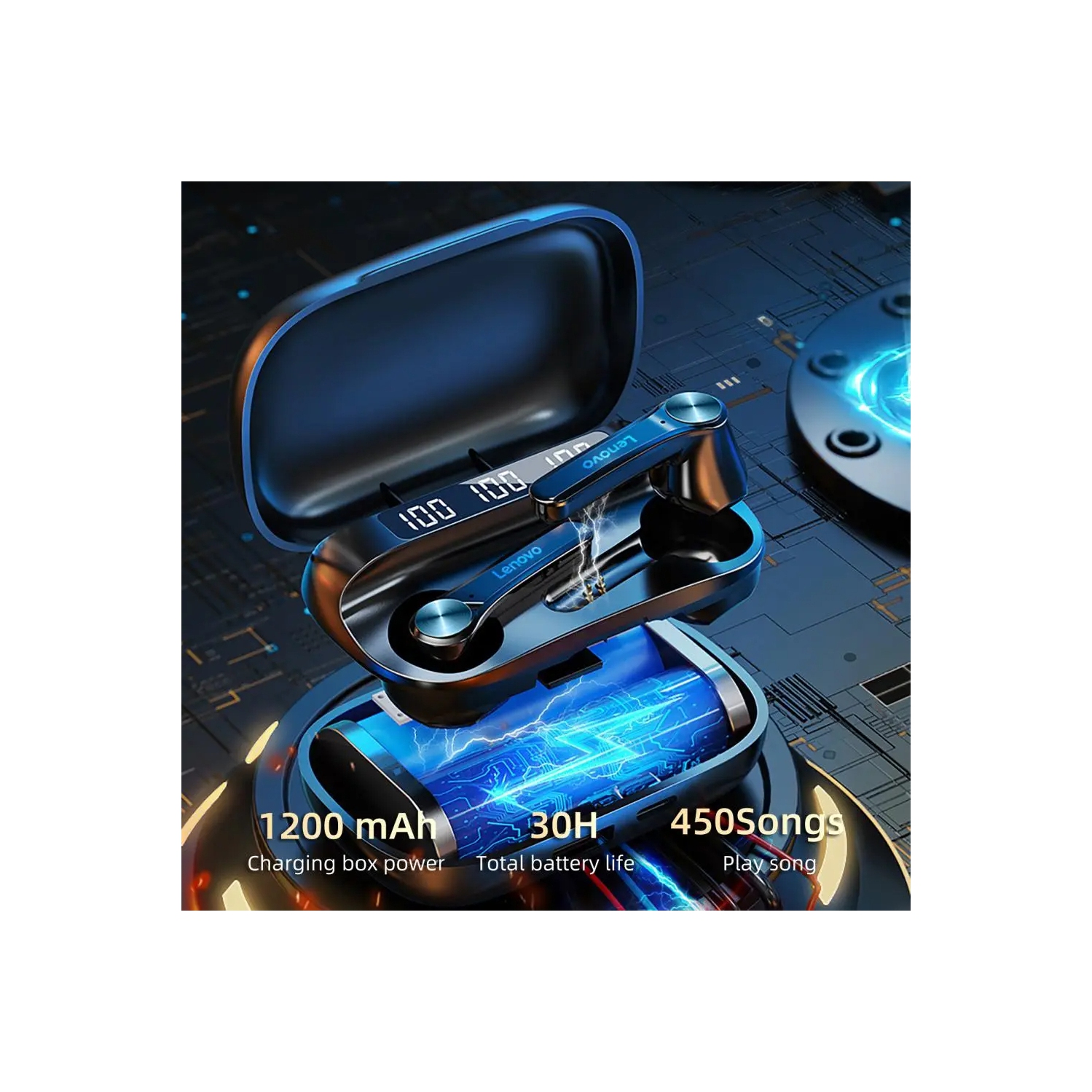 Lenovo QT81 TWS Bluetooth 5.0 Headphones Earbuds Wireless Headsets Stereo Touch Keys 1200mAh Charging Box – Black