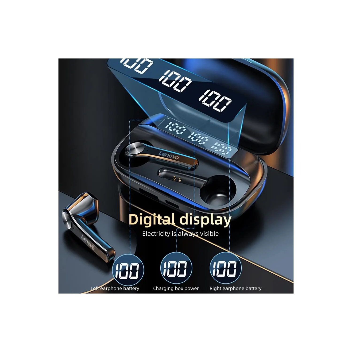 Lenovo QT81 TWS Bluetooth 5.0 Headphones Earbuds Wireless Headsets Stereo Touch Keys 1200mAh Charging Box – Black