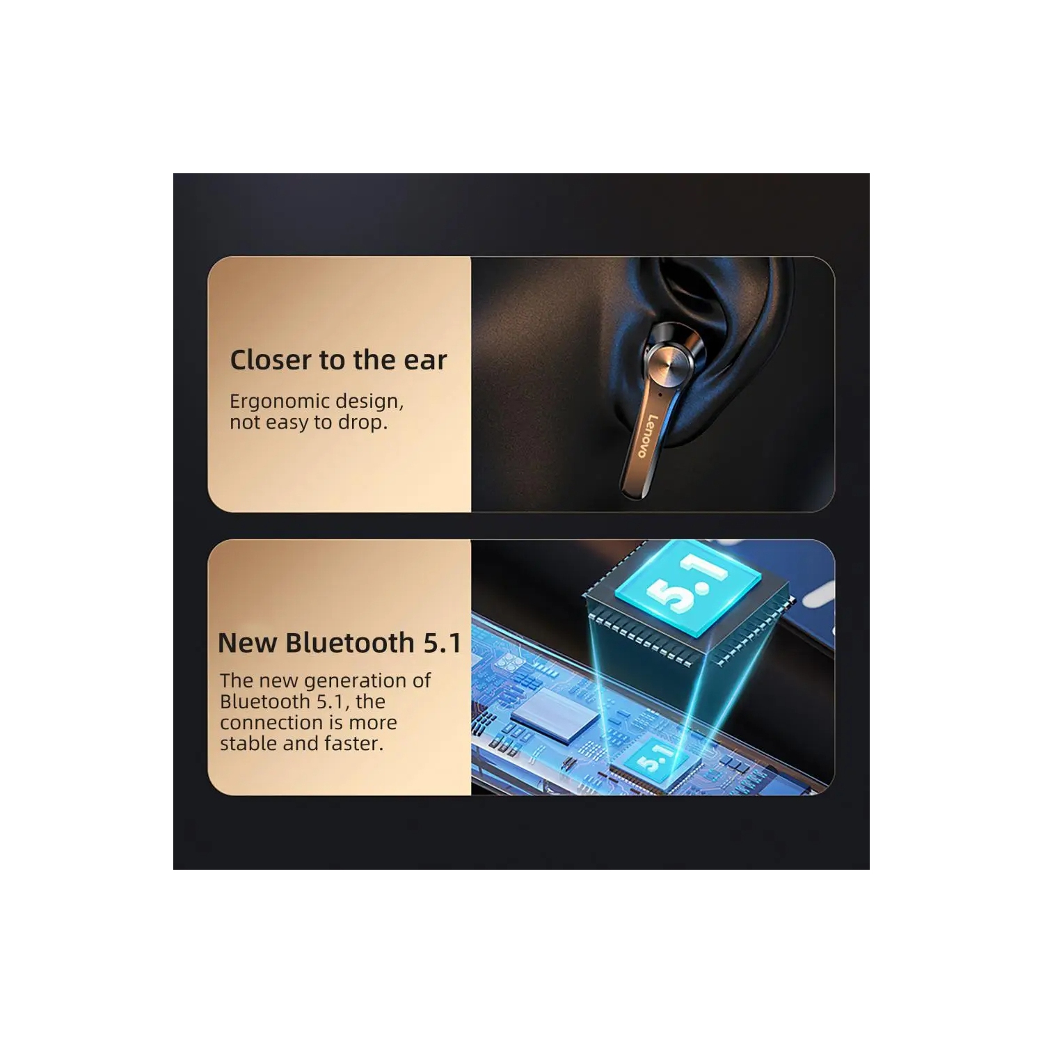 Lenovo QT81 TWS Bluetooth 5.0 Headphones Earbuds Wireless Headsets Stereo Touch Keys 1200mAh Charging Box – Black