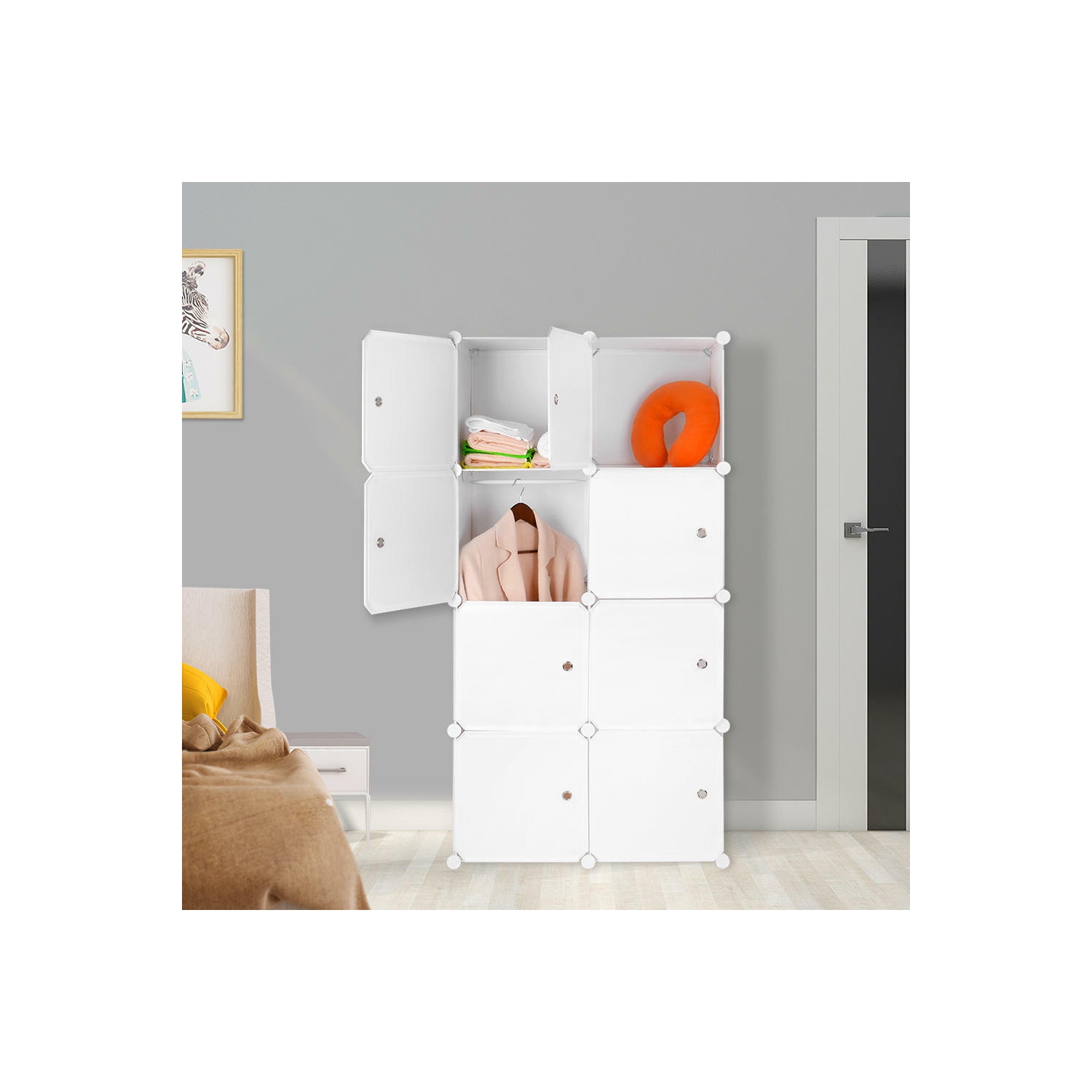 8 Cube Multi-Use DIY Portable Closet Organizer ,Modular Cabinet for Hanging Clothes, Armoire Wardrobe with Doors