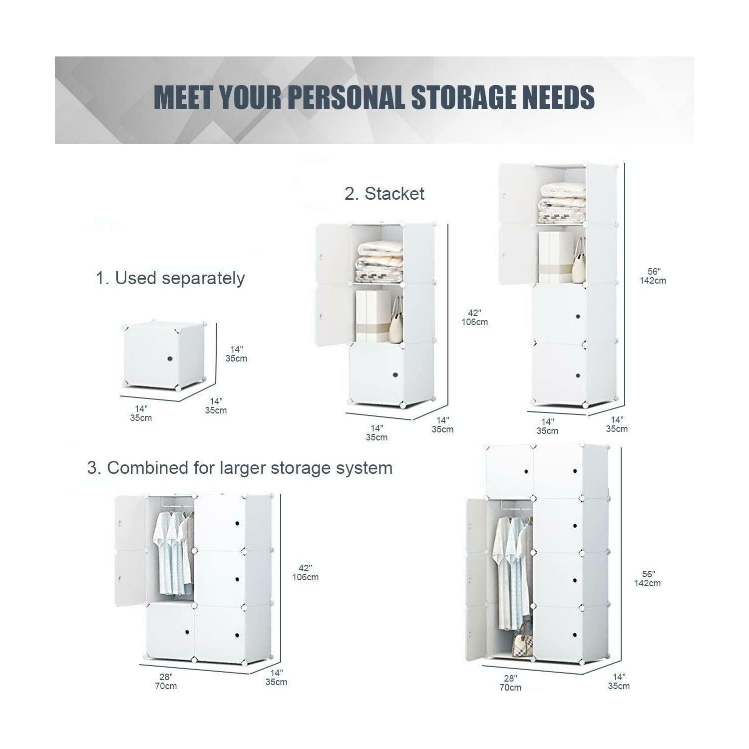 8 Cube Multi-Use DIY Portable Closet Organizer ,Modular Cabinet for Hanging Clothes, Armoire Wardrobe with Doors