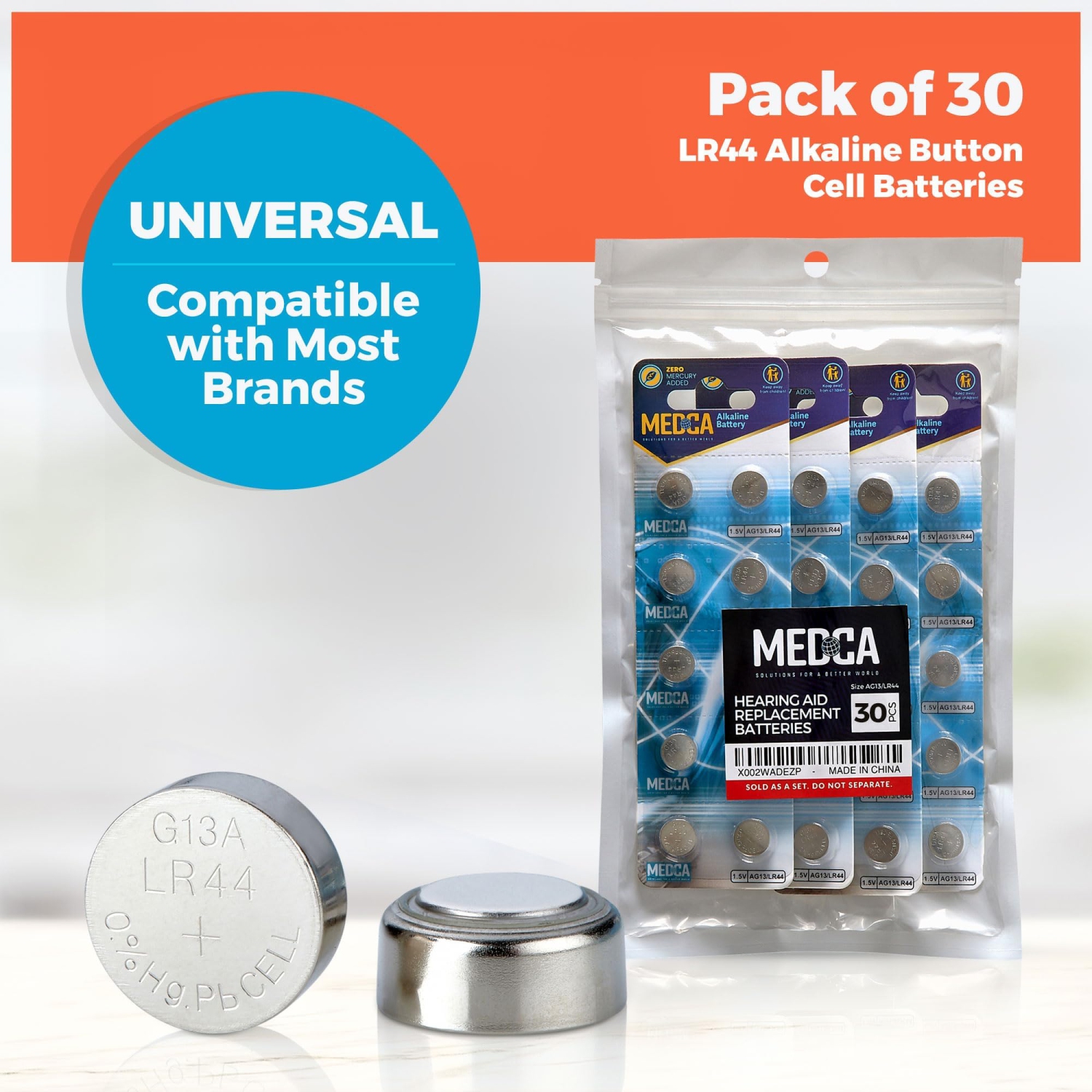 MEDca 1.5V Alkaline Batteries - LR44 AG13 357 303 SR44 Battery - Button Coin Cell for Hearing Aids and Amplifiers, Toys, Remotes, Calculators, Lasers