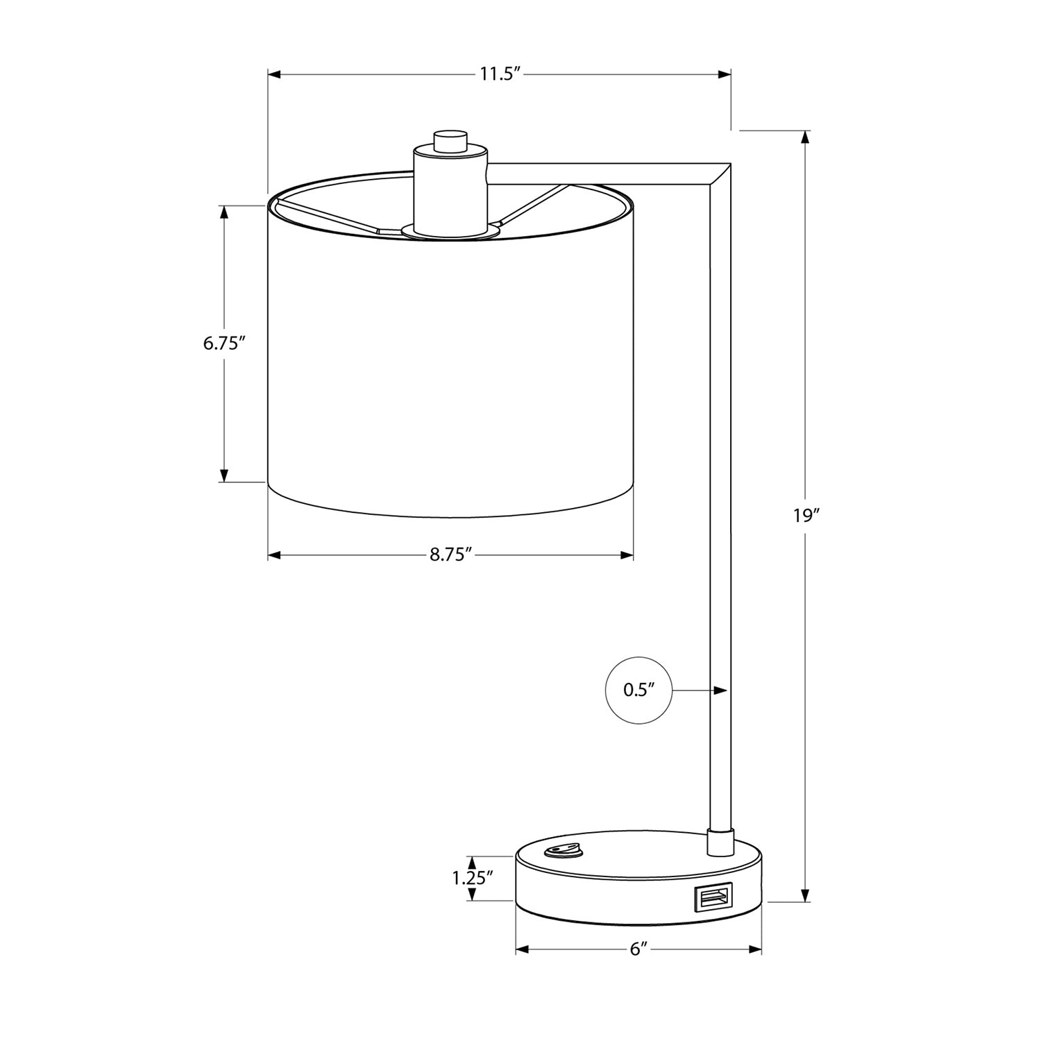 Monarch Specialties I 9646 - éclairage, 19 haut., lampe de table, port USB inclus, métal noir, ivoire/abat-jour crème, moderne