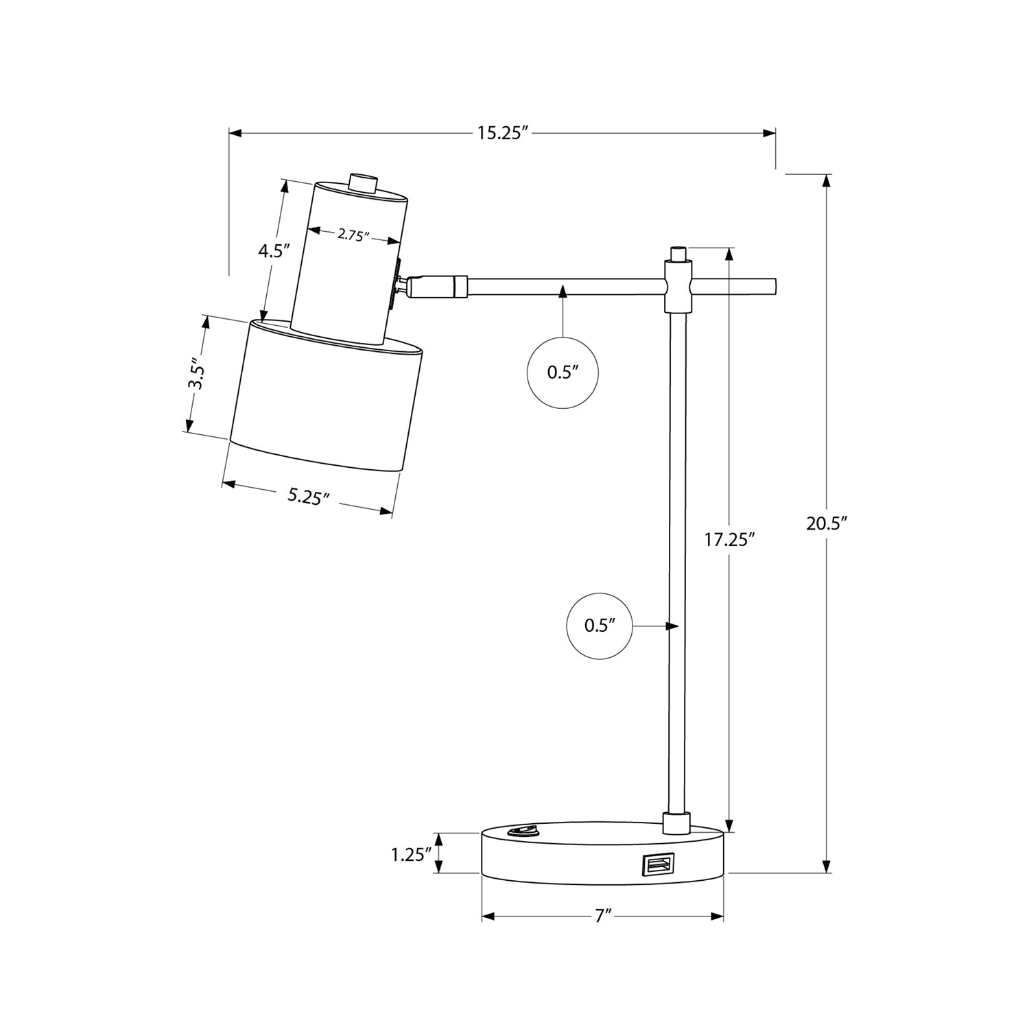 Monarch Specialties I 9647 - éclairage, 21 haut., lampe de table, port USB inclus, métal noir, abat-jour noir, moderne