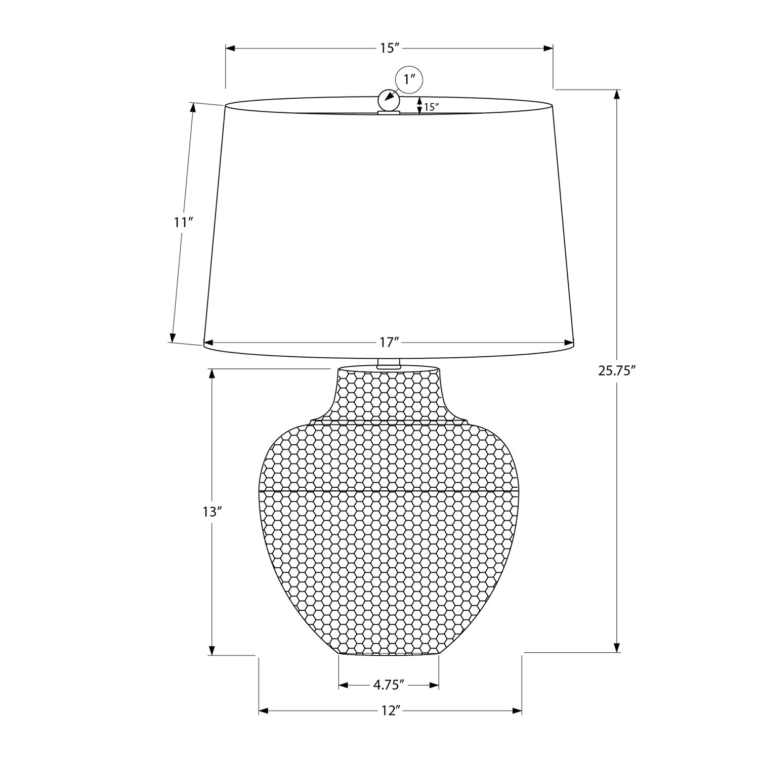 Monarch Specialties I 9615 - éclairage, 26 haut., lampe de table, métal noir, abat-jour ivoire/crème, transitionnel