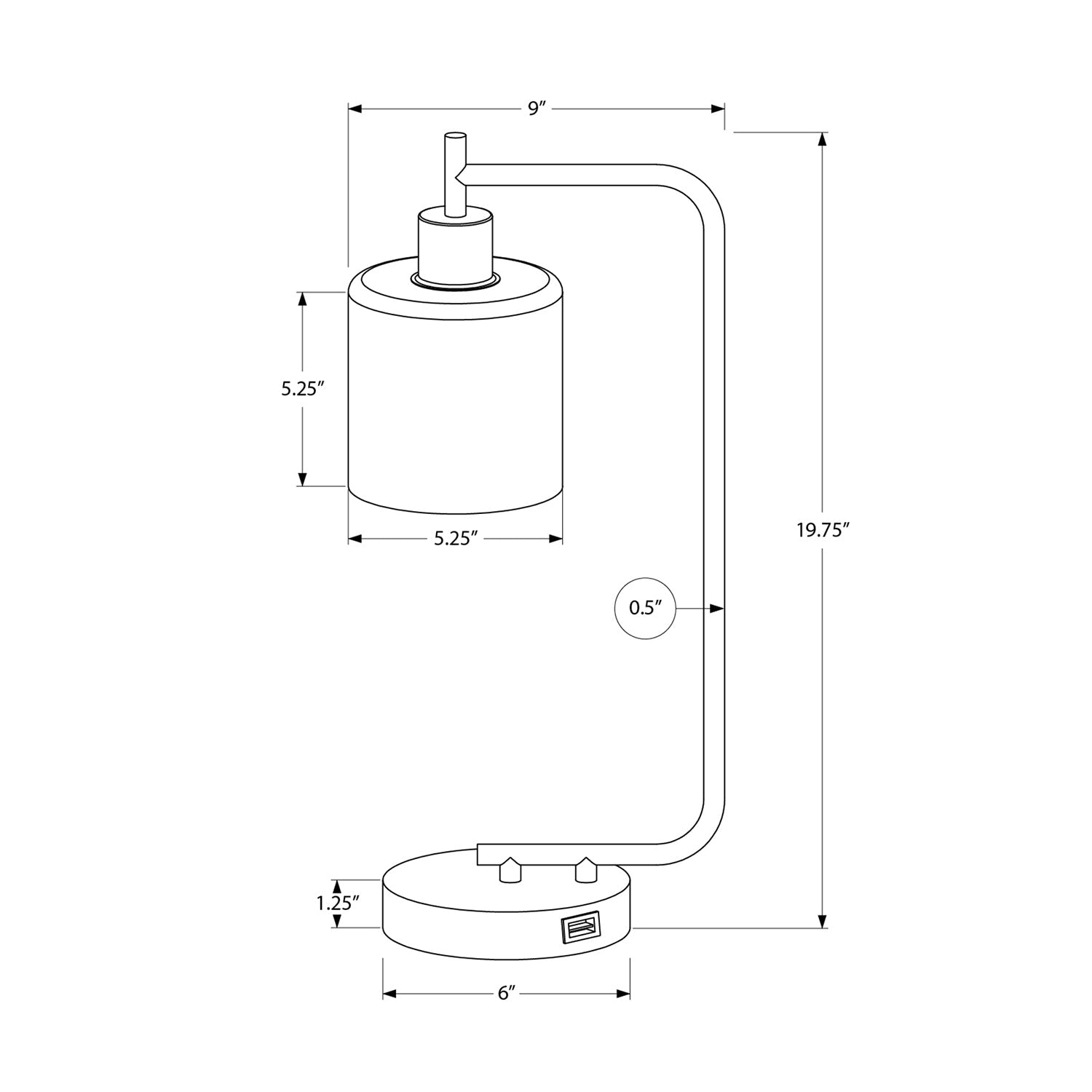 Monarch Specialties I 9637 - éclairage, 20 haut., lampe de table, port USB inclus, métal noir, abat-jour en verre, moderne
