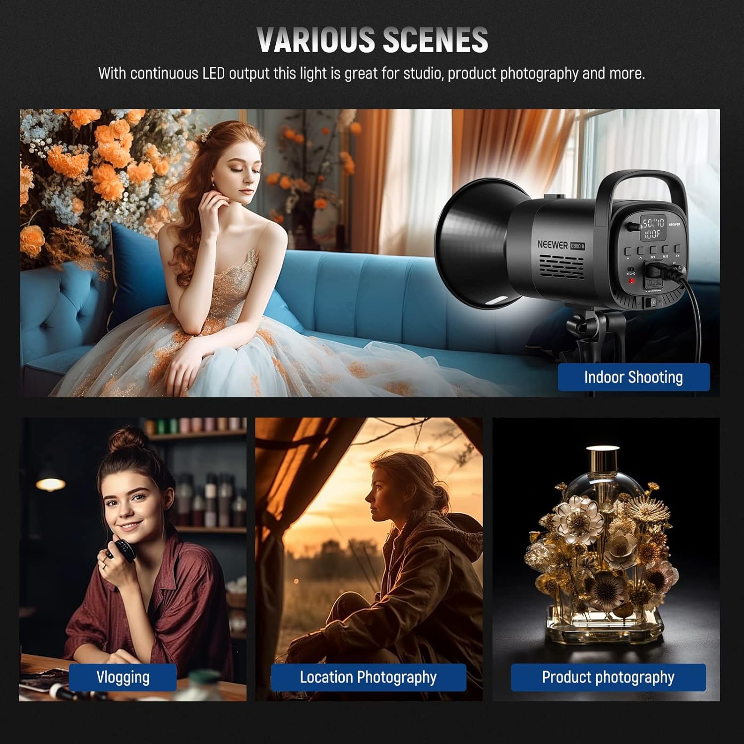 Boîte ouverte - Lampe vidéo DEL 70&nbsp;W de NEEWER CB60&nbsp;B avec contrôle par APPLICATION et 2,4G, COB bi couleur 2700K-6500K 34000Lux