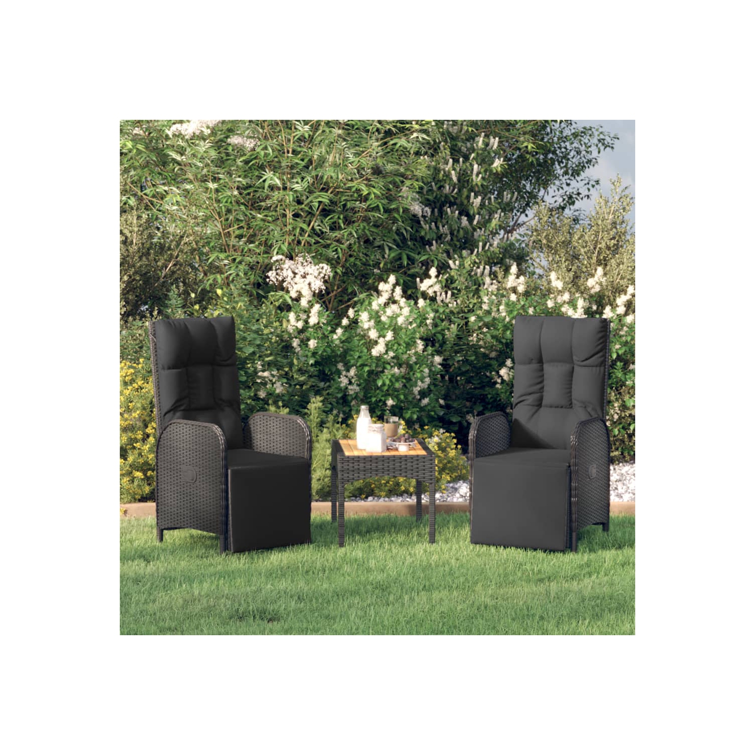 Chaises inclinables d'extérieur vidaXL avec coussins, 2 pièces en poly rotin noir