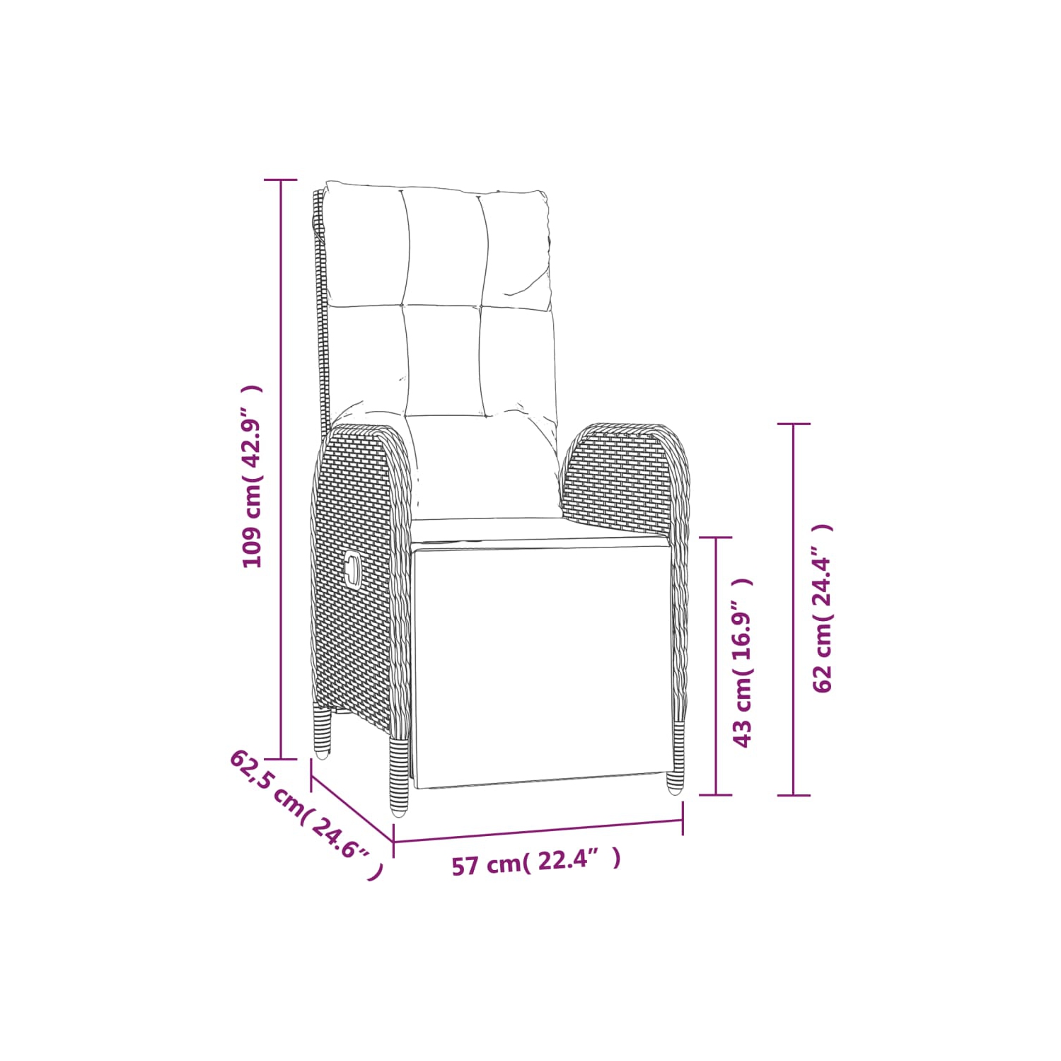 Chaises inclinables d'extérieur vidaXL avec coussins, 2 pièces en poly rotin noir