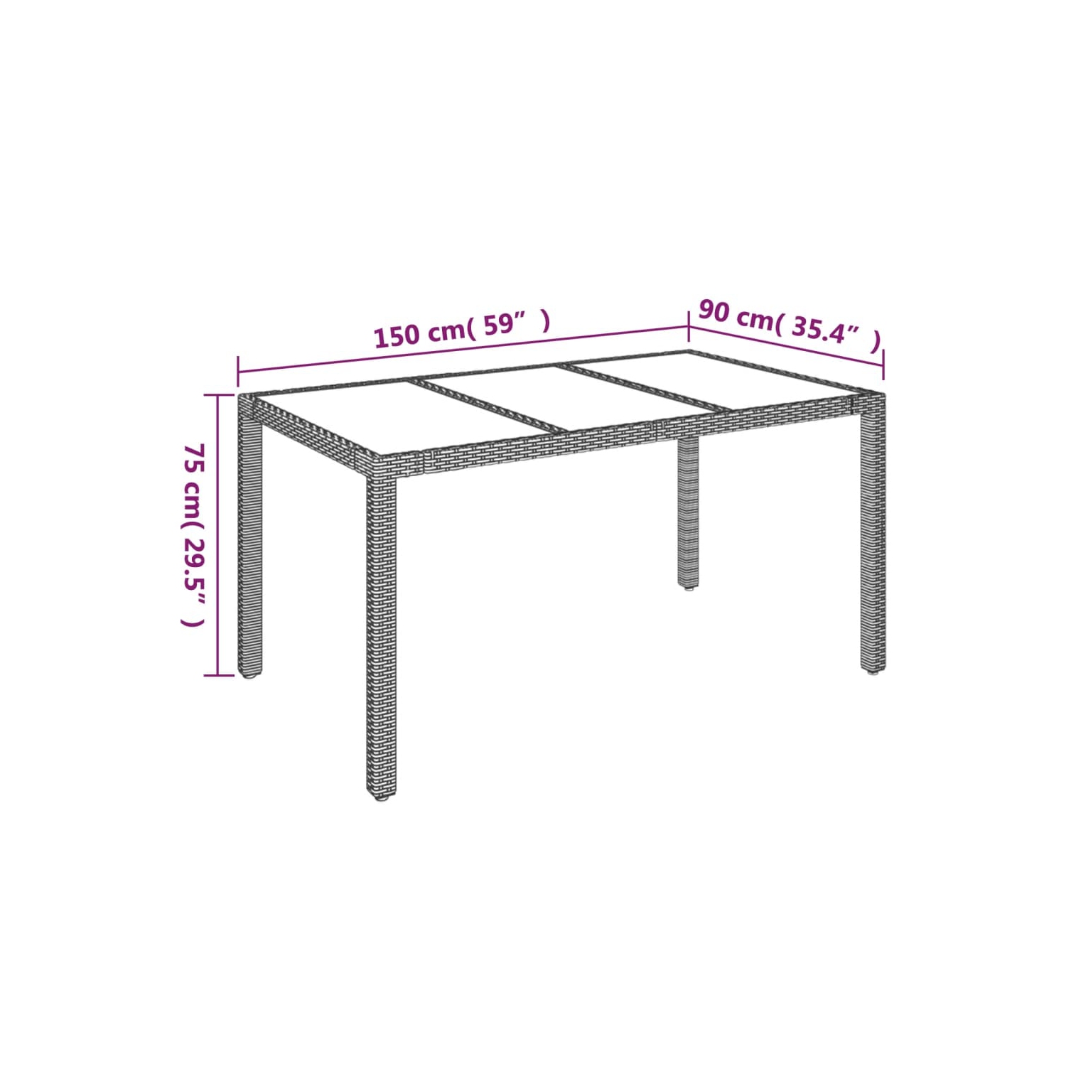 vidaXL Garden Table with Glass Top Grey 150x90x75 cm Poly Rattan