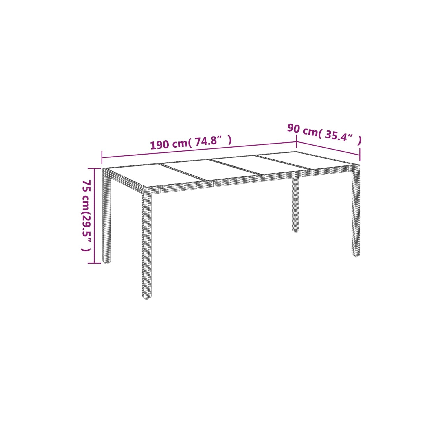 vidaXL Garden Table with Glass Top Grey 190x90x75 cm Poly Rattan