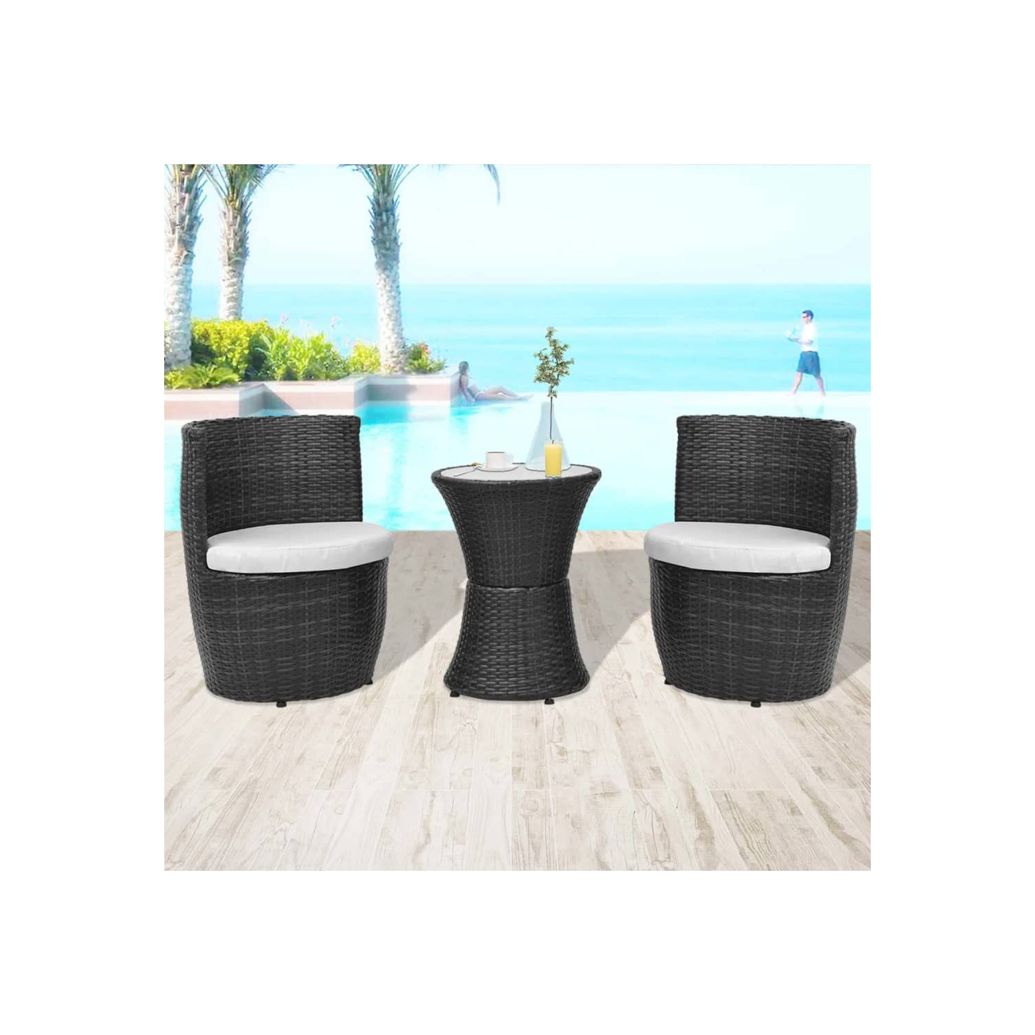 vidaXL 3 Piece Bistro Set with Cushions Poly Rattan Black