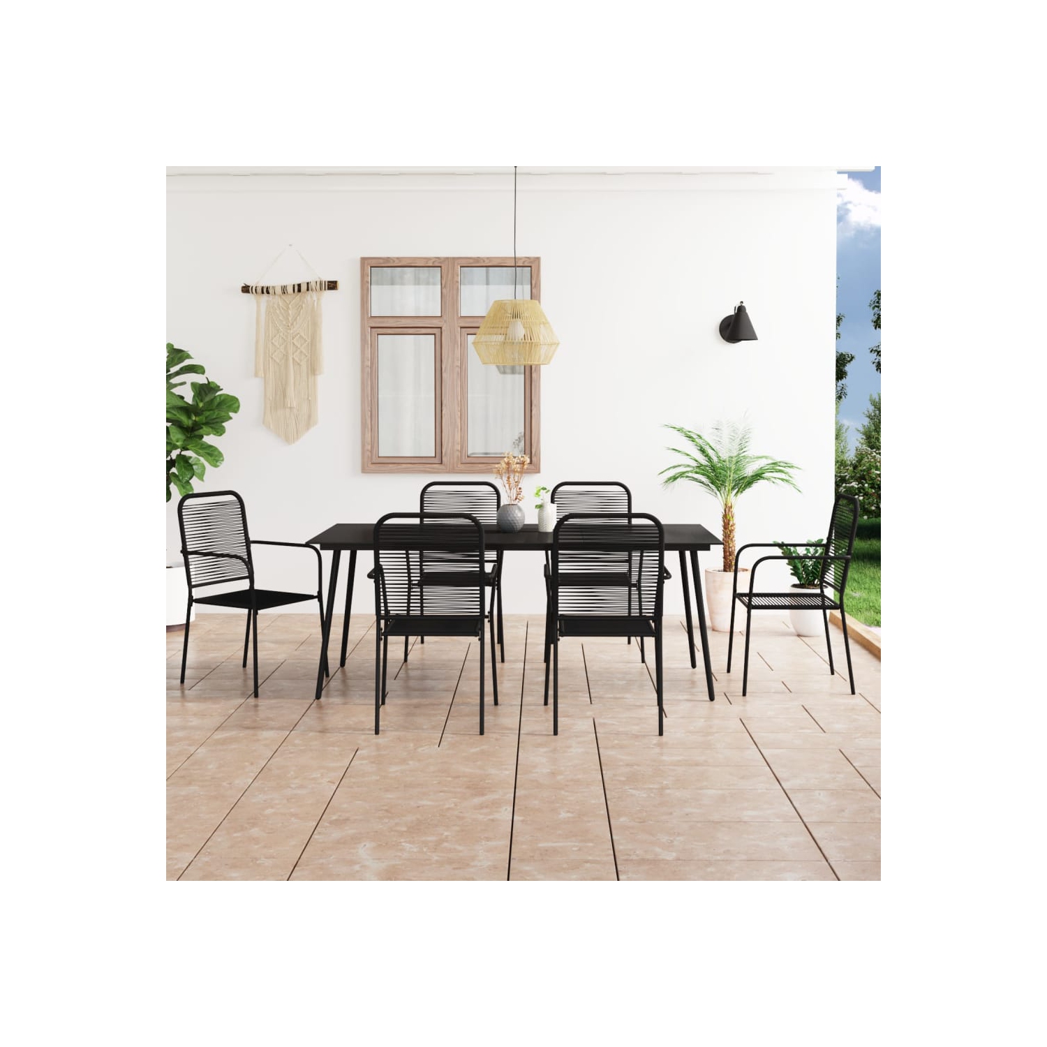 Ensemble de salle à manger de jardin 7 pièces en coton corde et en acier noir vidaXL