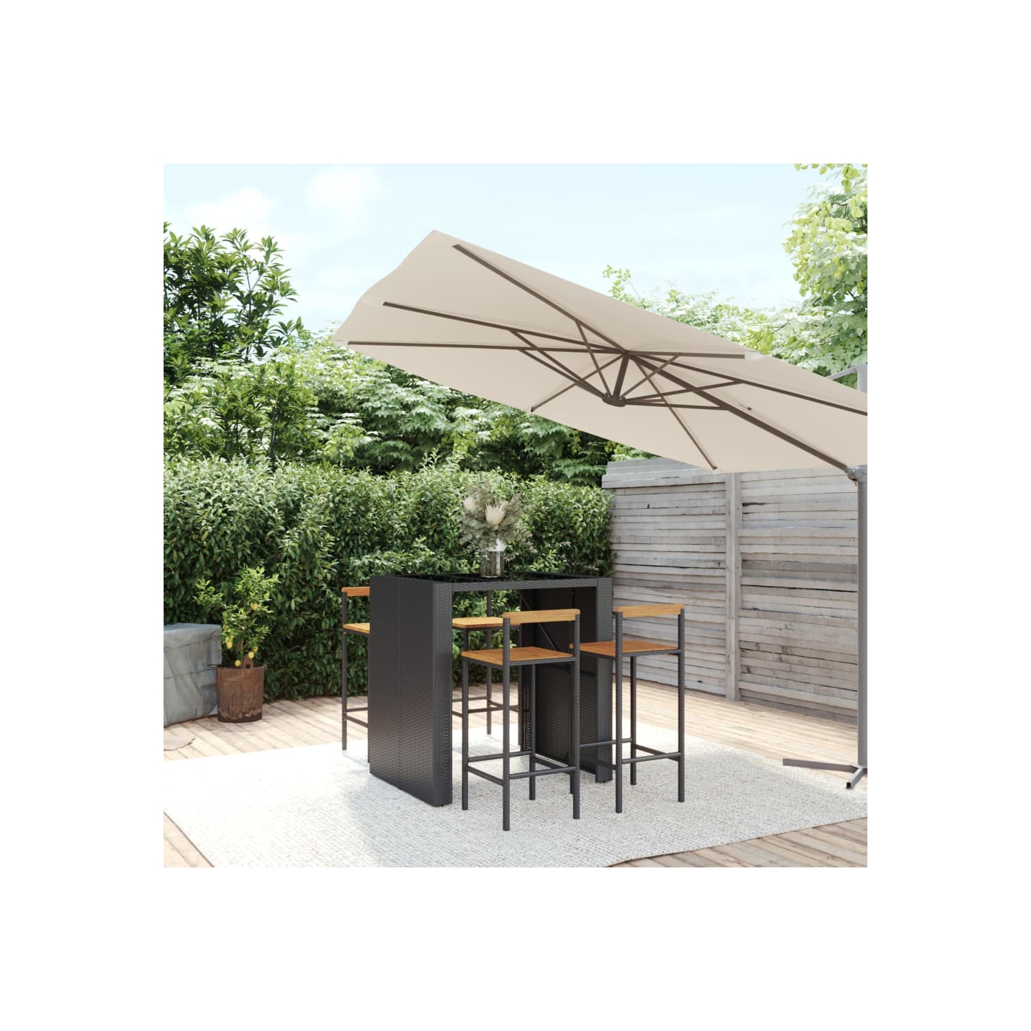 Ensemble de bar de jardin de 5 pièces en poly rotin noir et bois d'acacia massif de vidaXL