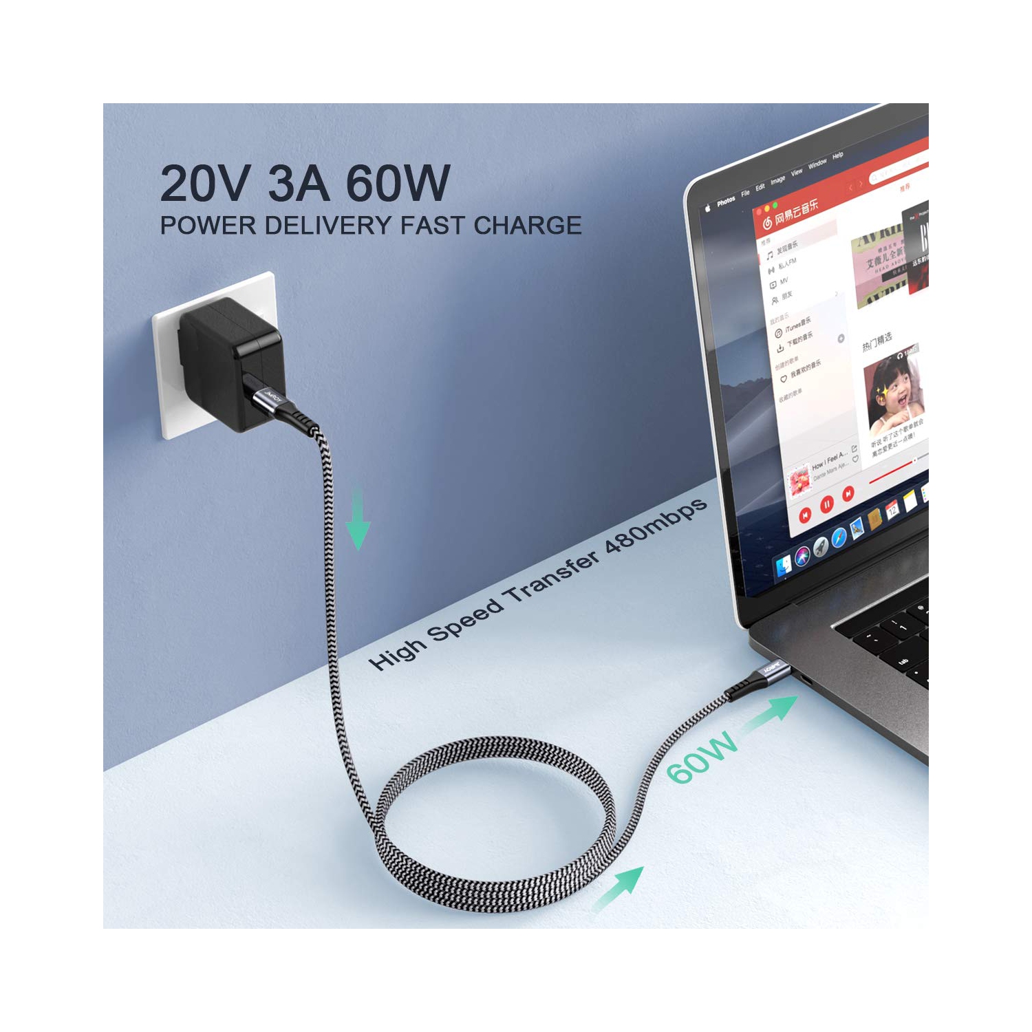 Câble USB-C à USB-C 60&nbsp;W, paquet de 2 câbles USB-C à chargement rapide 6,6&nbsp;pi PD QC 3,0, compatible avec Samsung S22/S21/S20 Ultra,