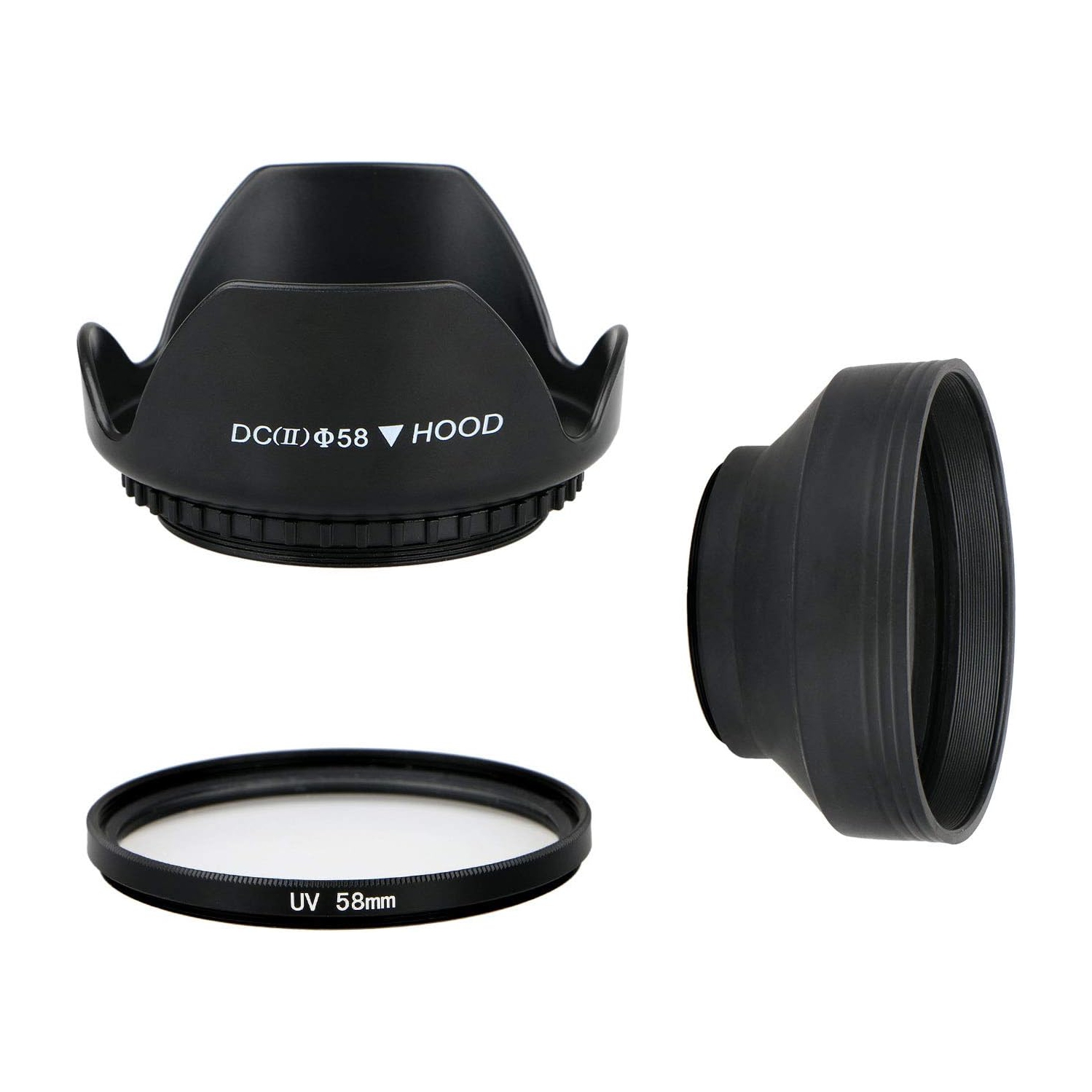 58mm Sets of 2pcs Camera Lens Hoods and 1 UV Filter Lens, Lens Hood Set Rubber Sun Shade Shield Reduces Lens