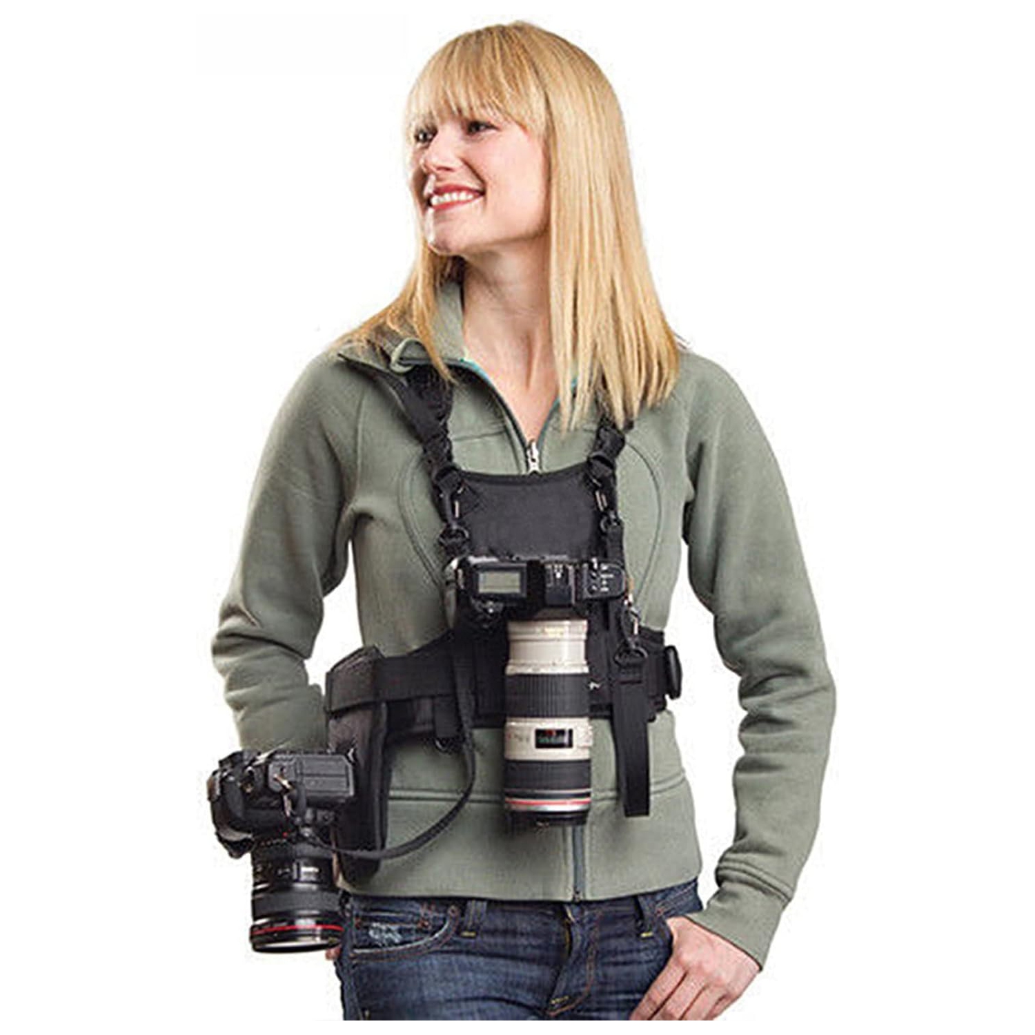 Multi Camera Carrying Chest Harness Vest System with Side Holster and Secure Straps for Canon Nikon Sony