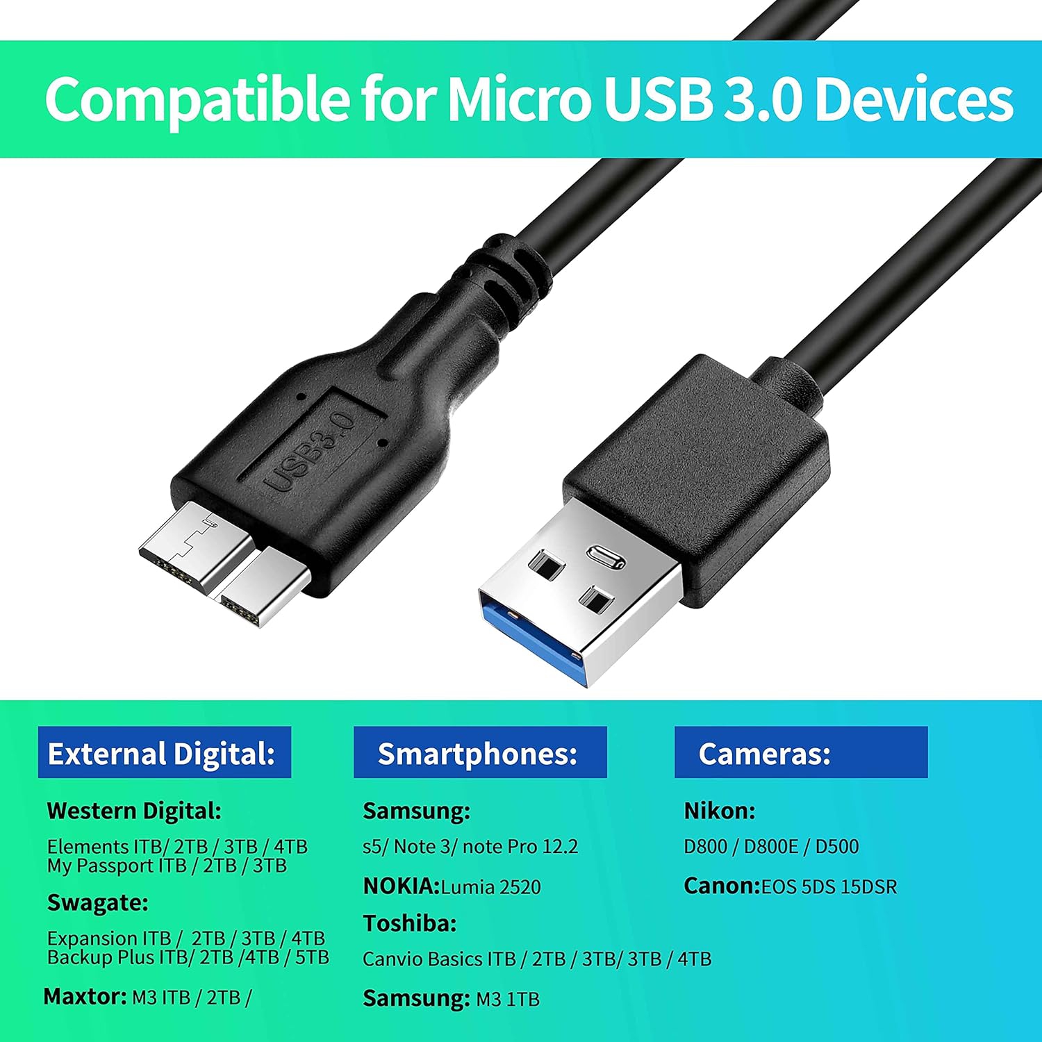 Micro B Cable,USB 3.0 A Male to Micro USB 3.0 Sync Cord,Data Wire Compatible for Toshiba,Seagate,Samsung,WD, My