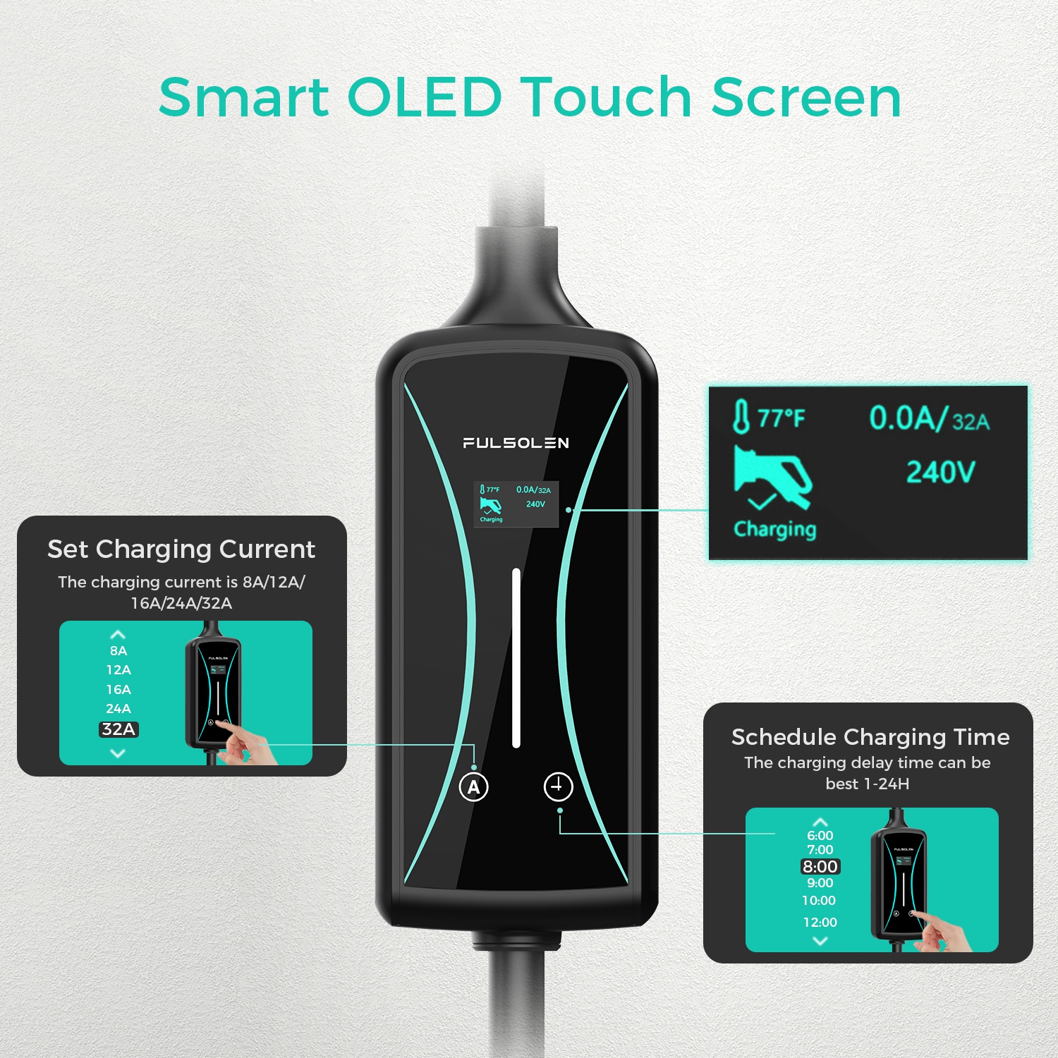Chargeur de véhicule électrique Fulsolen de niveau 2 jusqu'à 32Amp V, 7,6kW a, 240&nbsp;V, station de recharge pour véhicule électrique