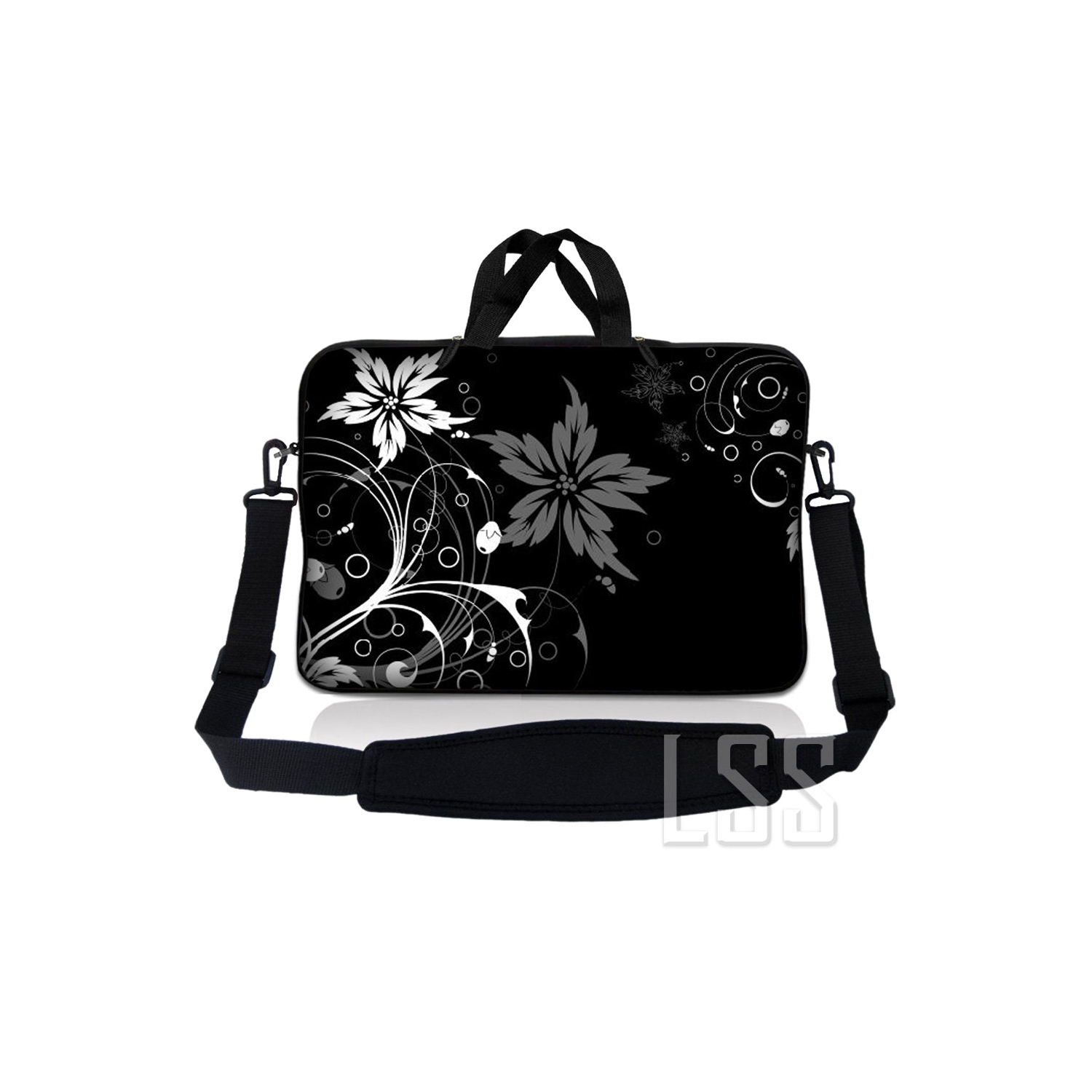Étui de transport en néoprène 17-17,3&nbsp;po avec poignée et bandoulière ajustable pour portable - Noir et blanc floral