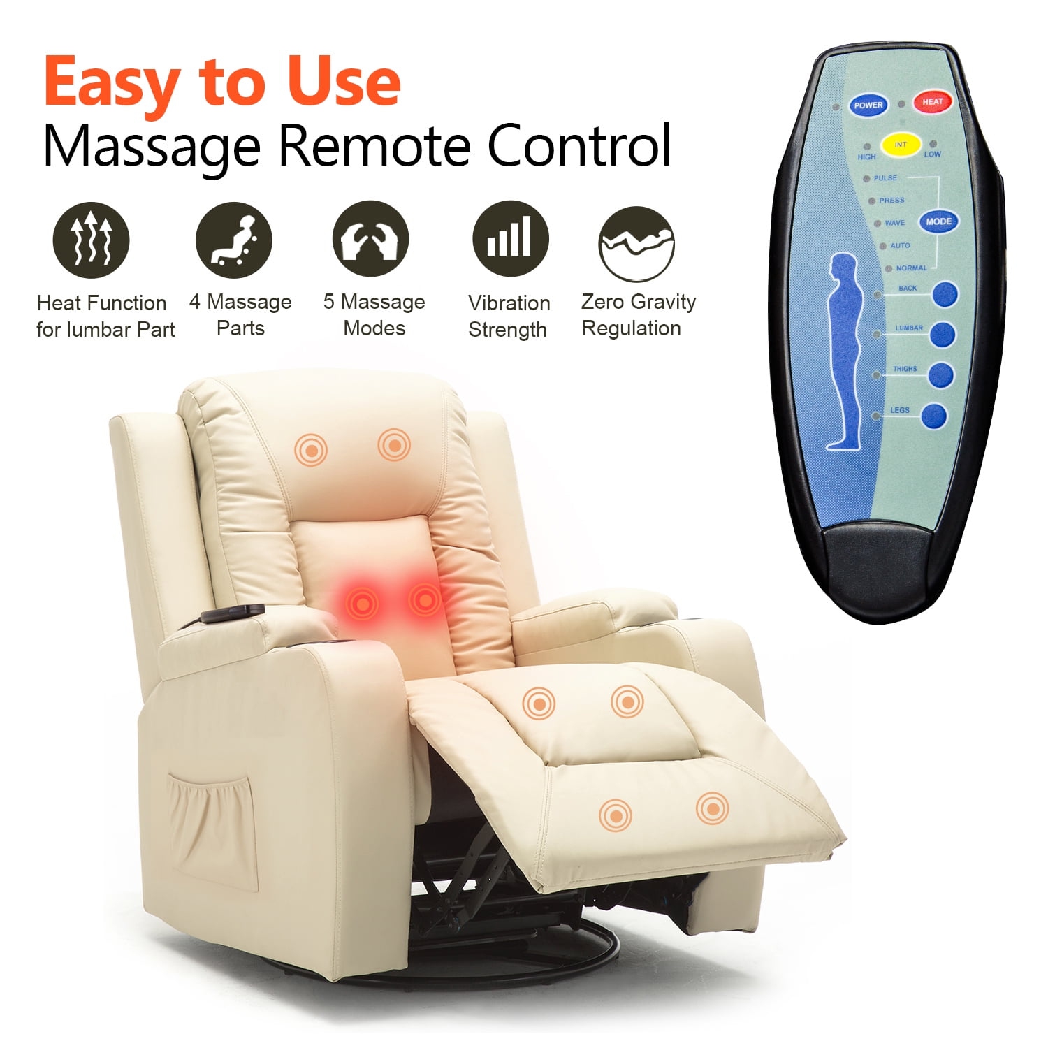 Fauteuil inclinable ComHoma, divan berçant en cuir pu avec massage chauffant, blanc crème