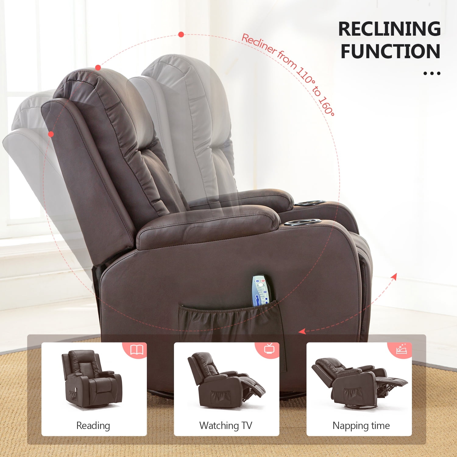 Fauteuil inclinable ComHoma avec divan berçant en cuir de polyuréthane et massage chauffant, brun