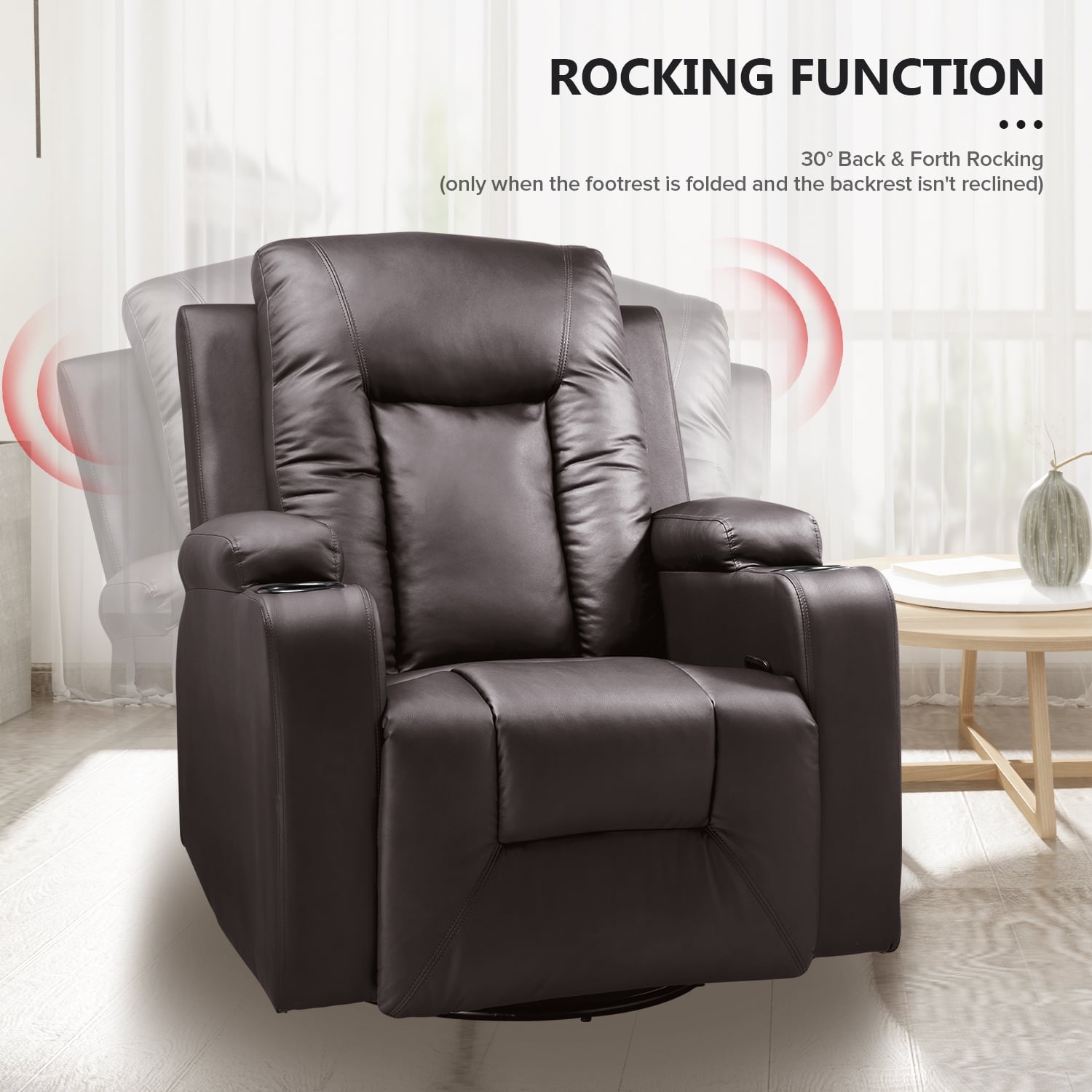 Fauteuil inclinable ComHoma avec divan berçant en cuir de polyuréthane et massage chauffant, brun