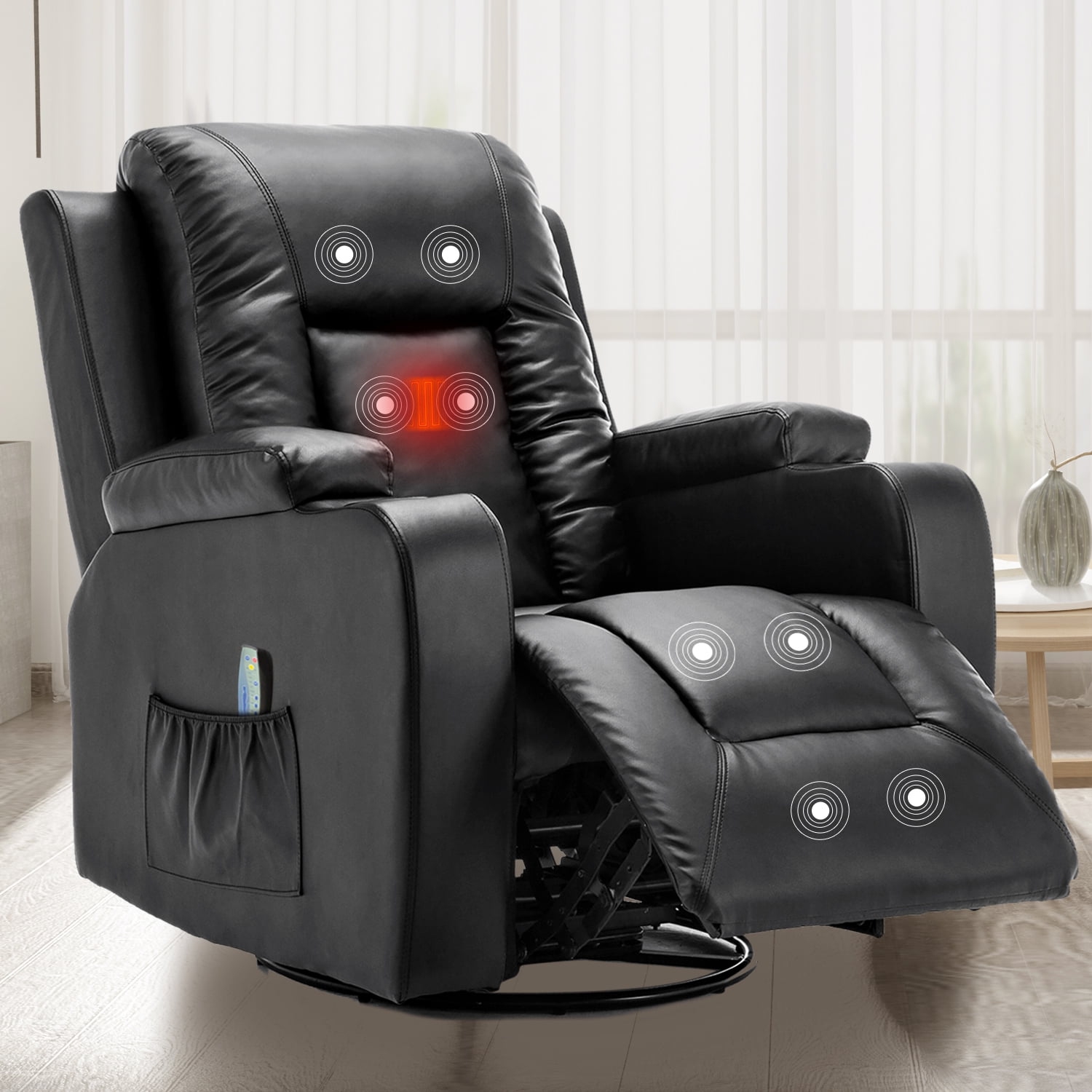 ComHoma Recliner Chair PU Leather Rocking Sofa with Heated Massage, Black