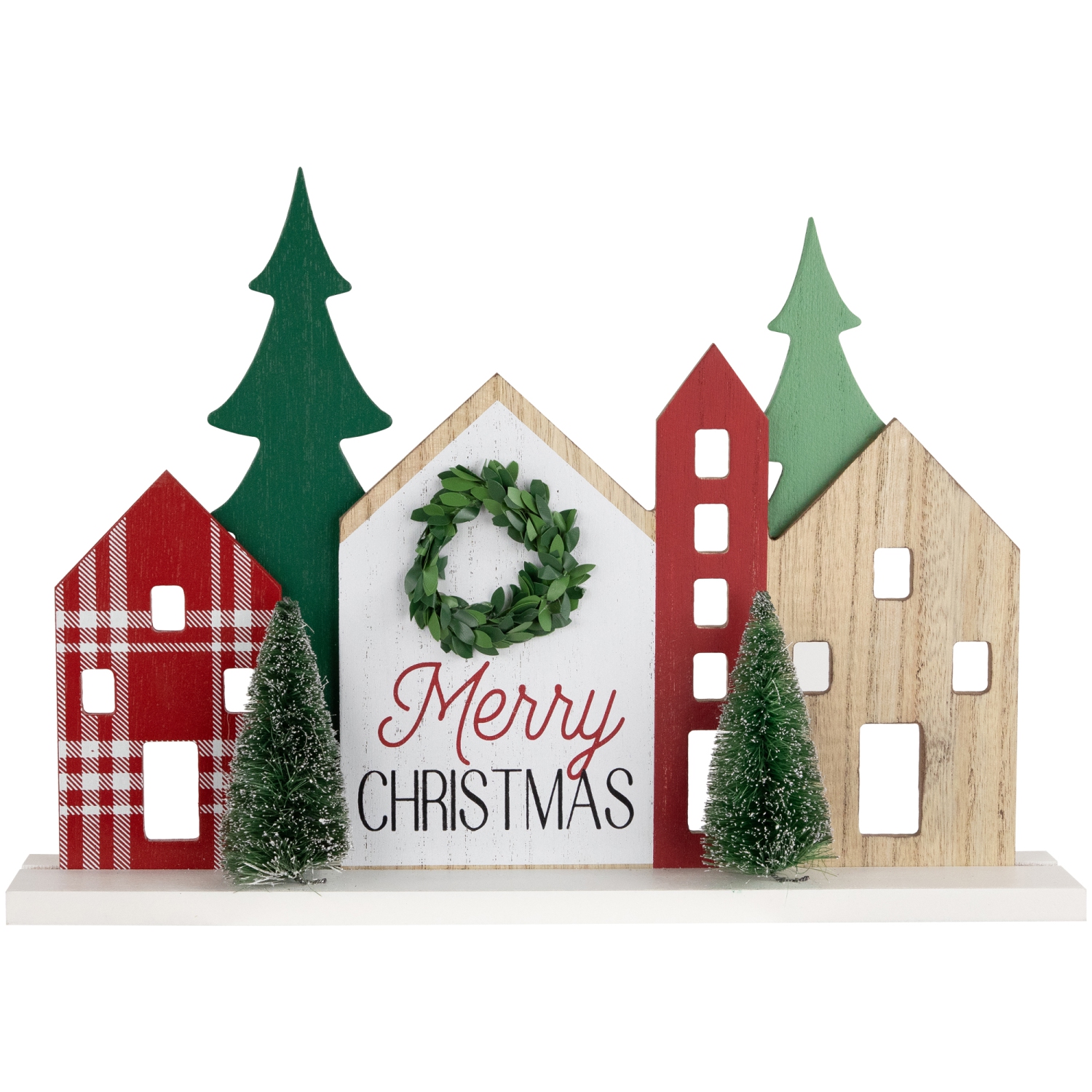 Wooden "Merry Christmas" Houses with Trees Decoration - 15" - Red and Green